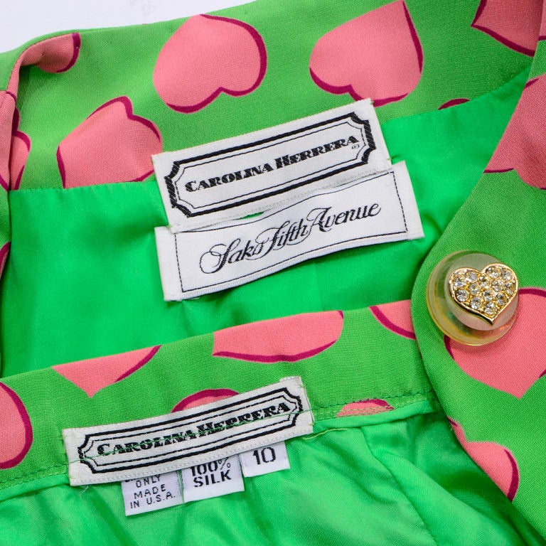 Carolina Herrera Vintage Green Silk Skirt Suit W Pink Hearts For Sale 4