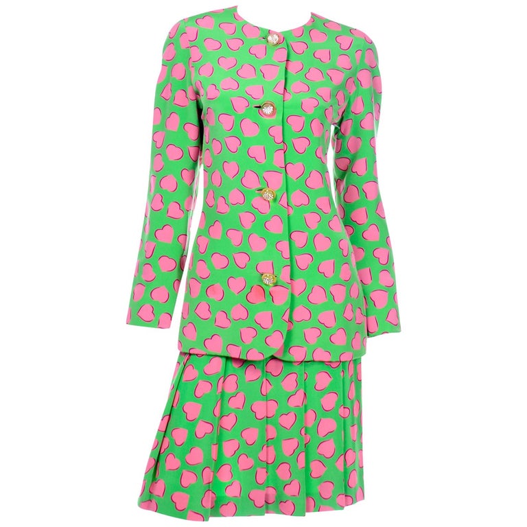 Carolina Herrera Vintage Green Silk Skirt Suit W Pink Hearts For Sale