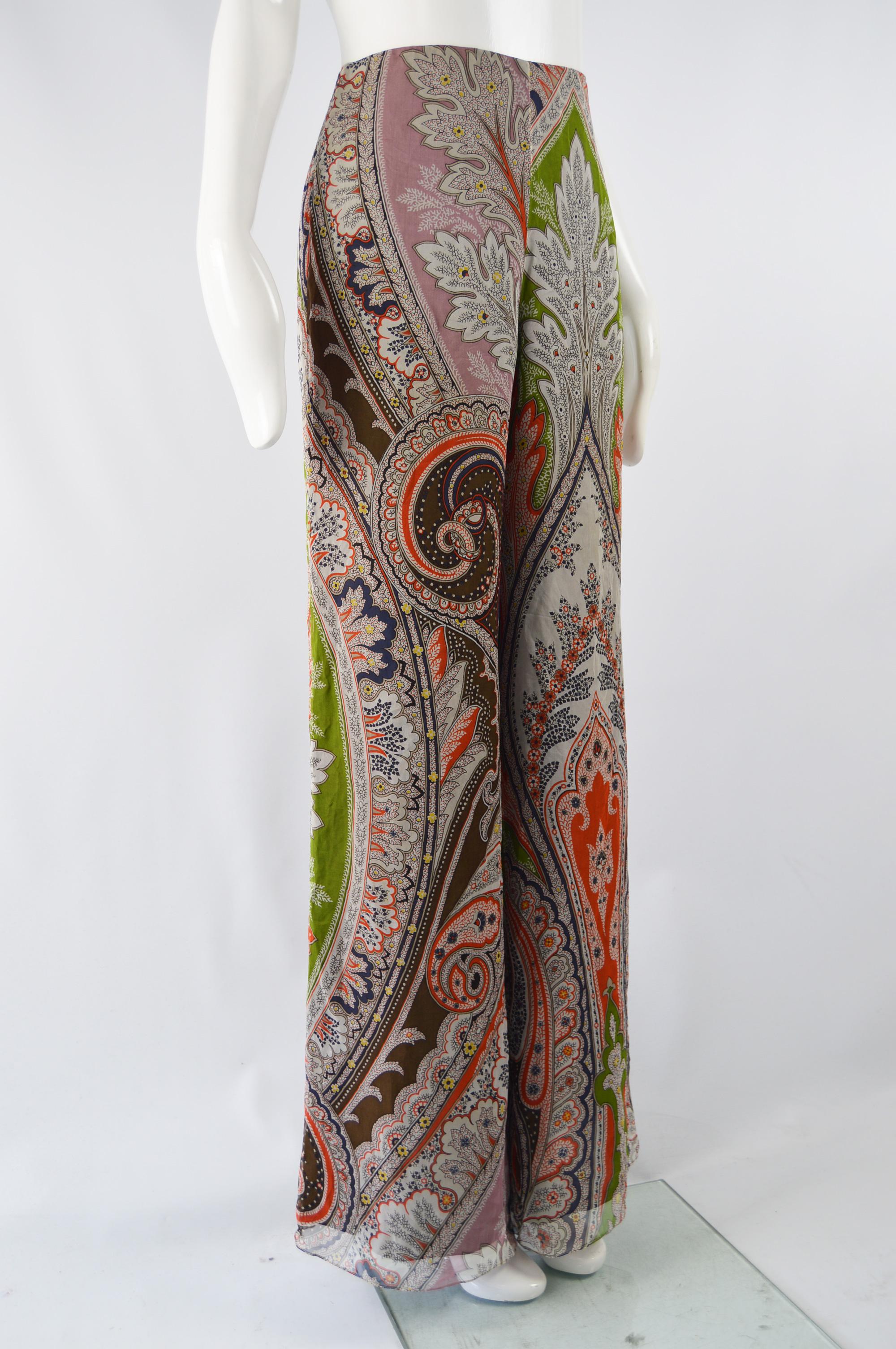 Brown Carolina Herrera Vintage Silk Paisley Palazzo Pants