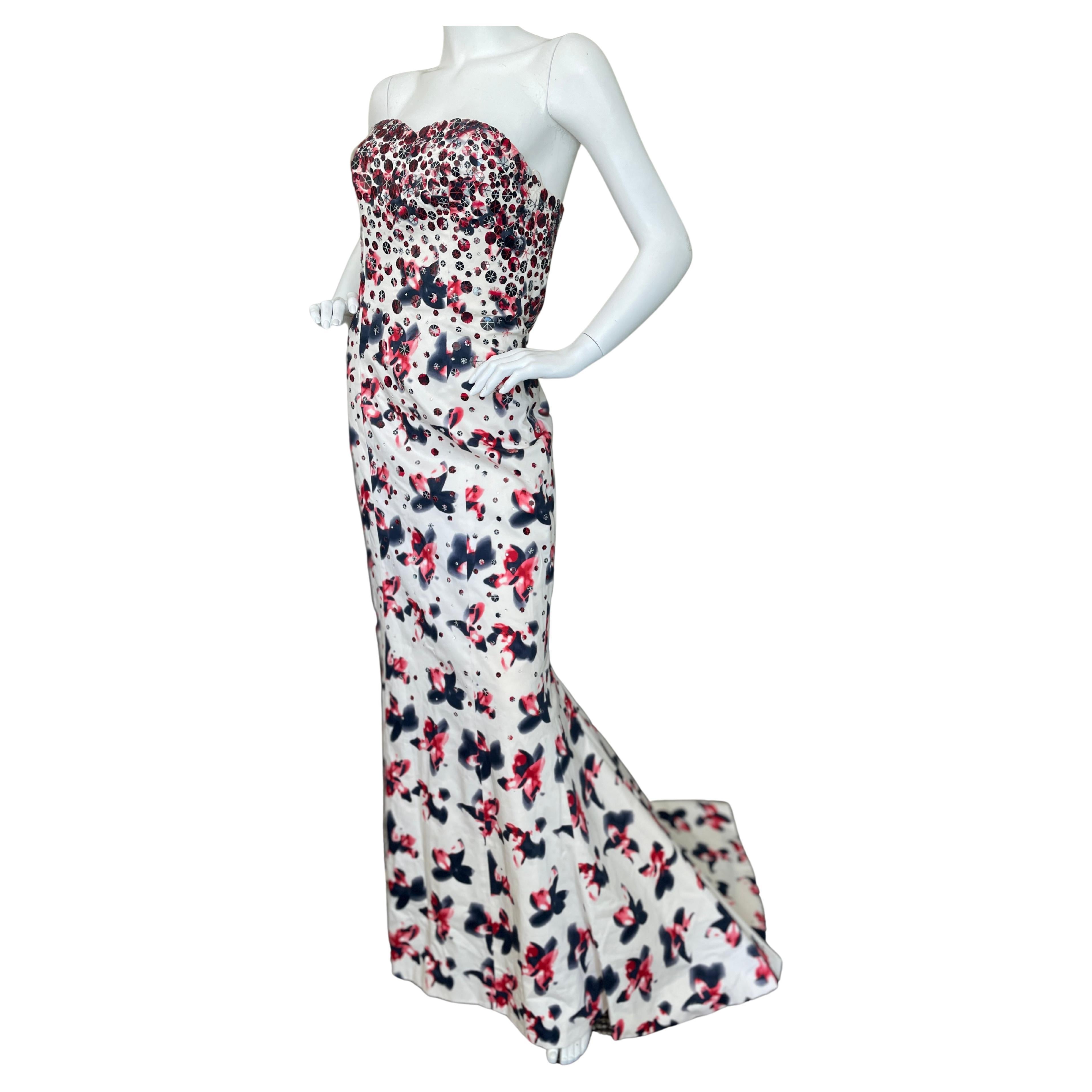 Carolina Herrera Vintage Strapless Floral Embellished Mermaid Dress with Train For Sale