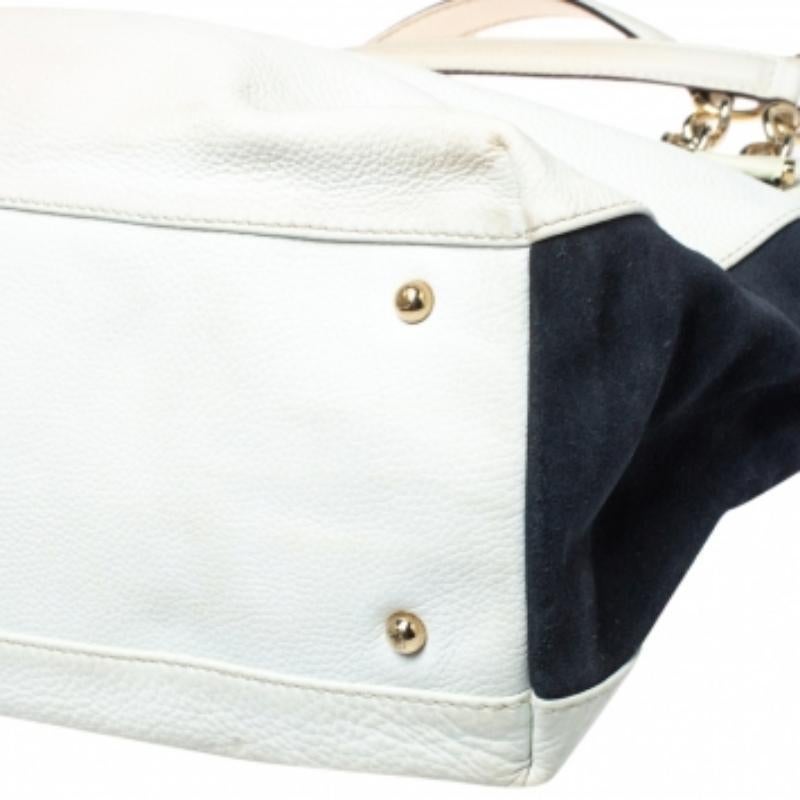 Women's Carolina Herrera White/Blue Textured Leather And Suede Tote For Sale