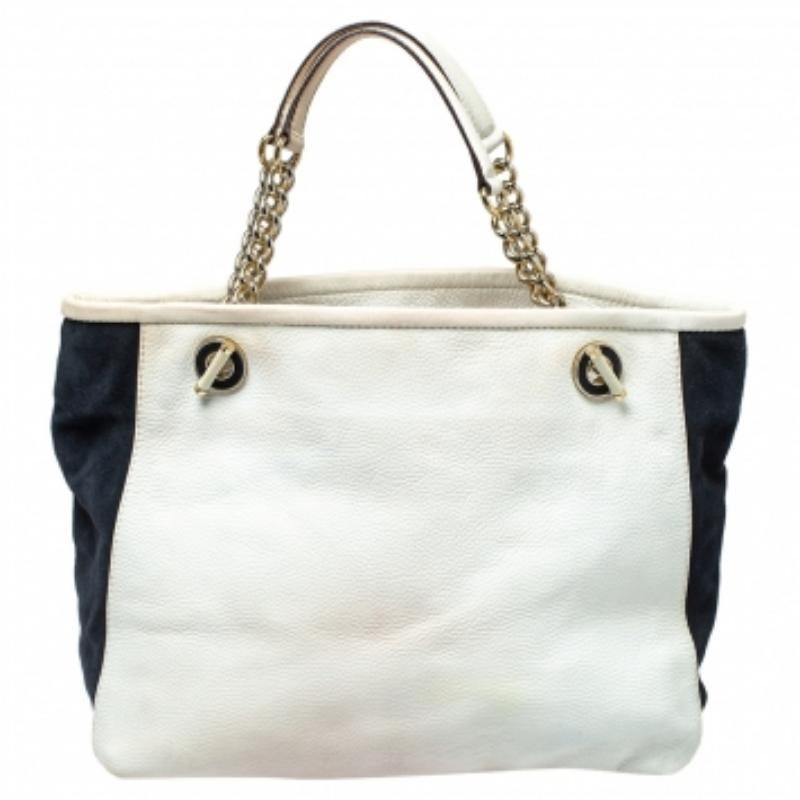 Carolina Herrera White/Blue Textured Leather And Suede Tote For Sale 3