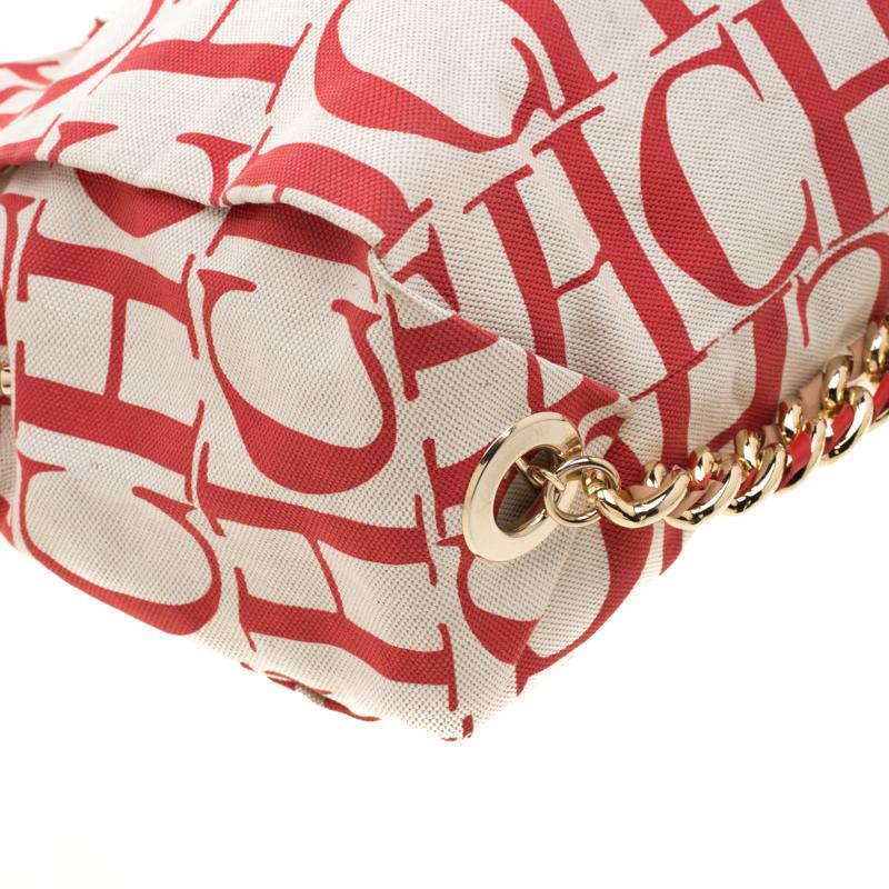 Carolina Herrera White/Red Canvas Bucket Chain Shoulder Bag 2