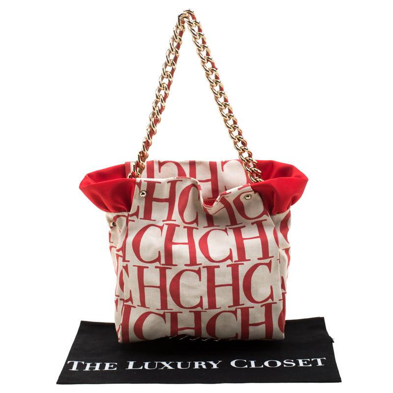 Carolina Herrera White/Red Canvas Bucket Chain Shoulder Bag 3