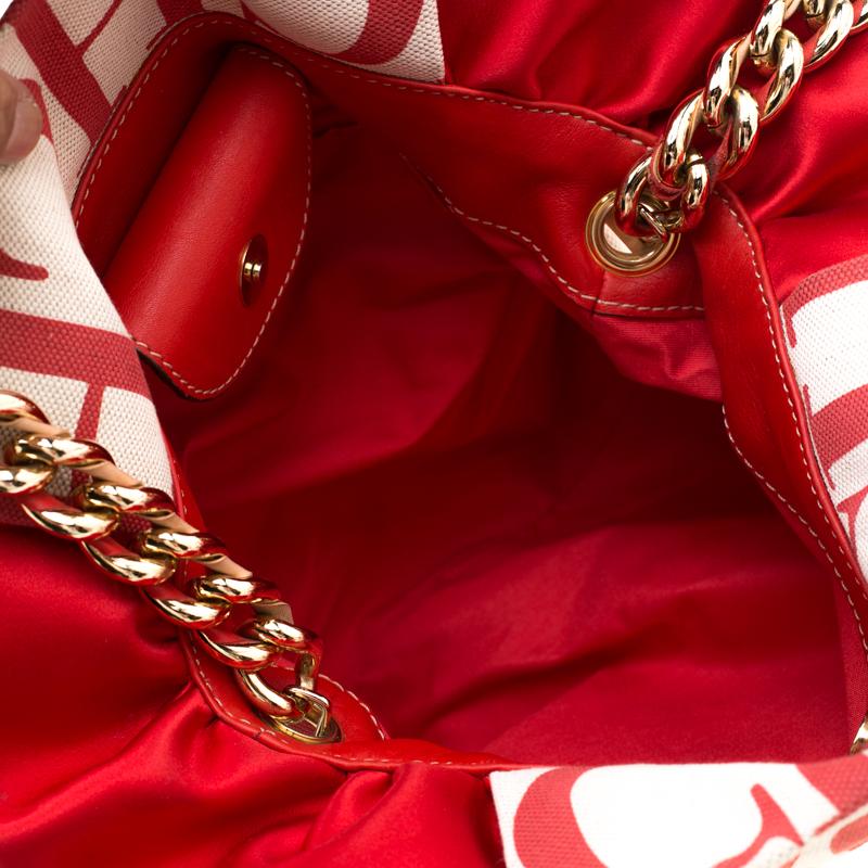 Women's Carolina Herrera White/Red Canvas Bucket Chain Shoulder Bag