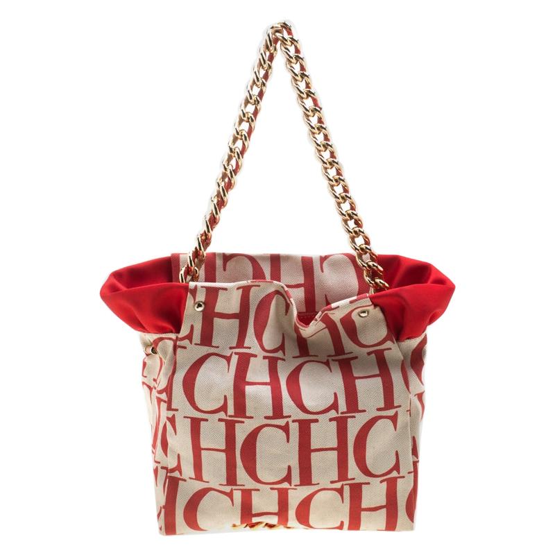 Carolina Herrera White/Red Canvas Bucket Chain Shoulder Bag