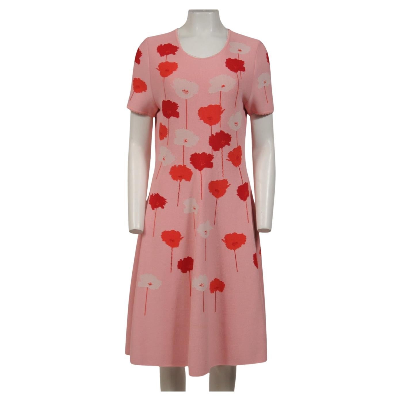 Carolina Herrera Womens Floral Intarsia Knit Dress Size XL Pink Red Pleated in vendita