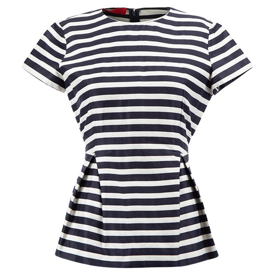 Women Navy & White Striped Rib High Neckib Top