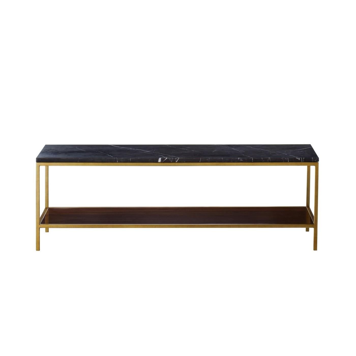 Long coffee table Carolina with structure in metal in brass
finish with solid oak and walnut structure. With black
marquina marble top.