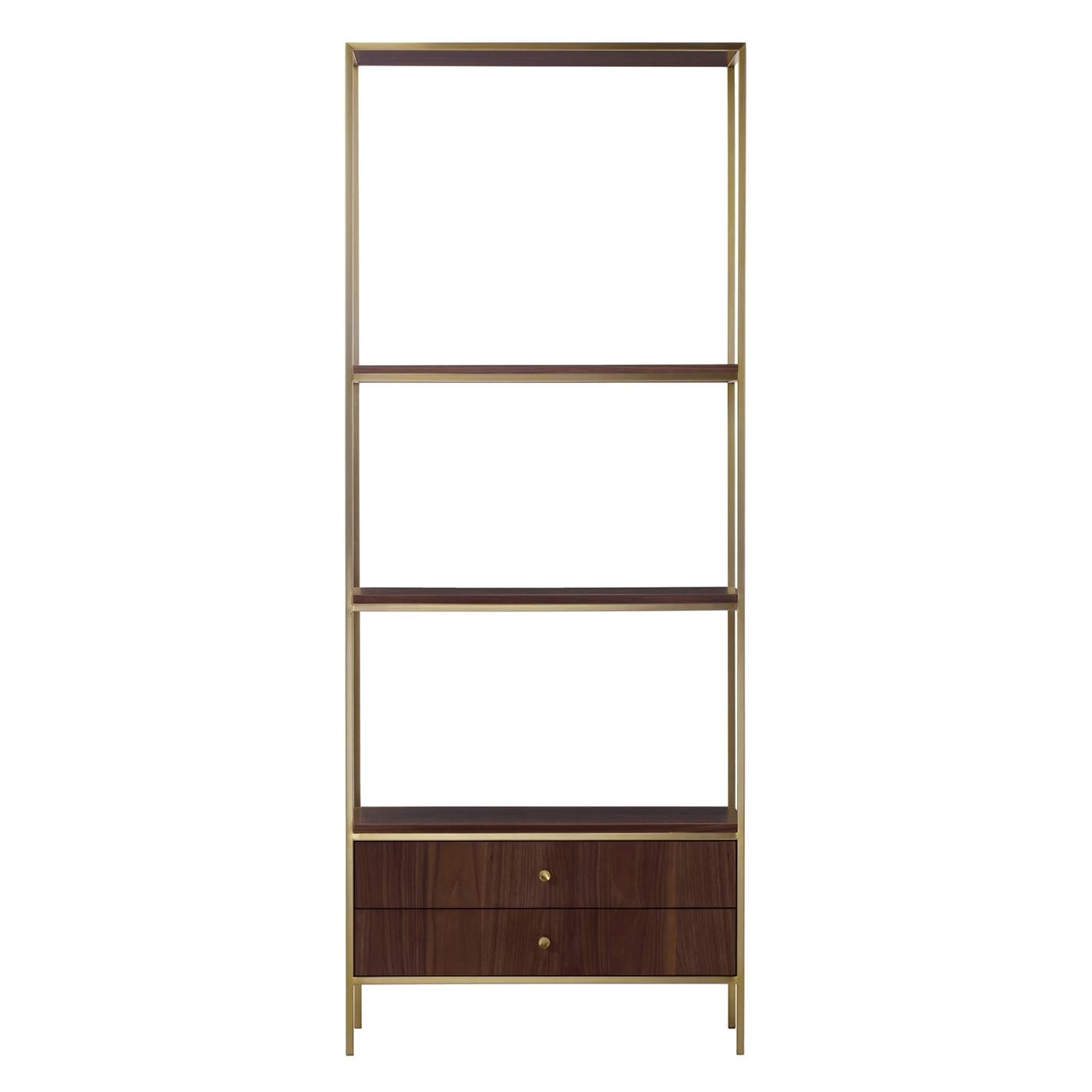 Bookcase Carolina Medium with structure in solid brass 
and with walnut base with 2 drawers. With shelves in walnut.