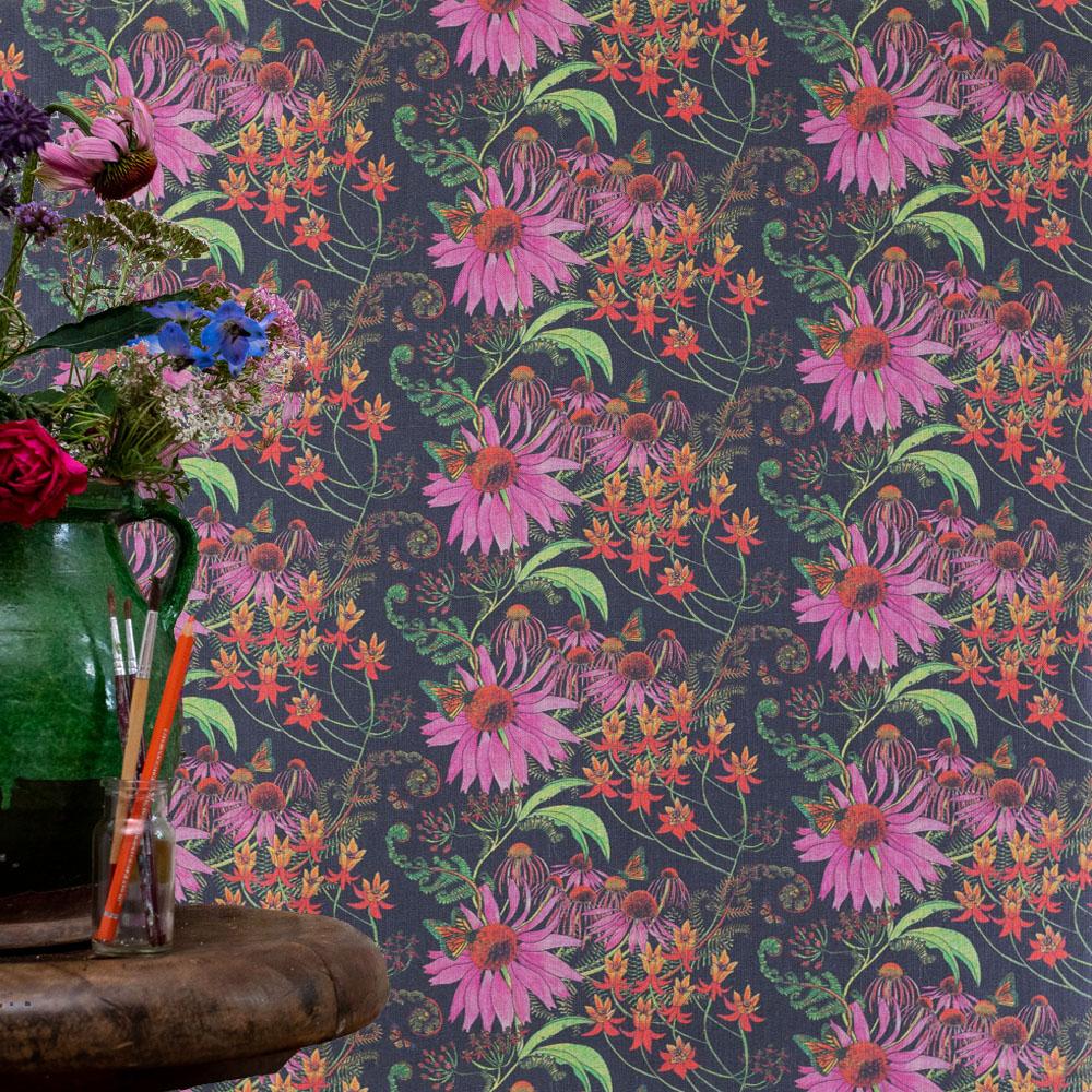 Collection: Carolina Monarch
Product Code: 27B
Color: Prunus
Roll dimensions: 70cm x 10m (27.6in x 10.9yards)
Area: 7sq.m (8.4 sq.yards)
Pattern repeat: 15.6cm (6.1 in) Half Drop
Wallpaper: Non-woven 147gsm Uncoated. 
Fire rating: Fire certified for