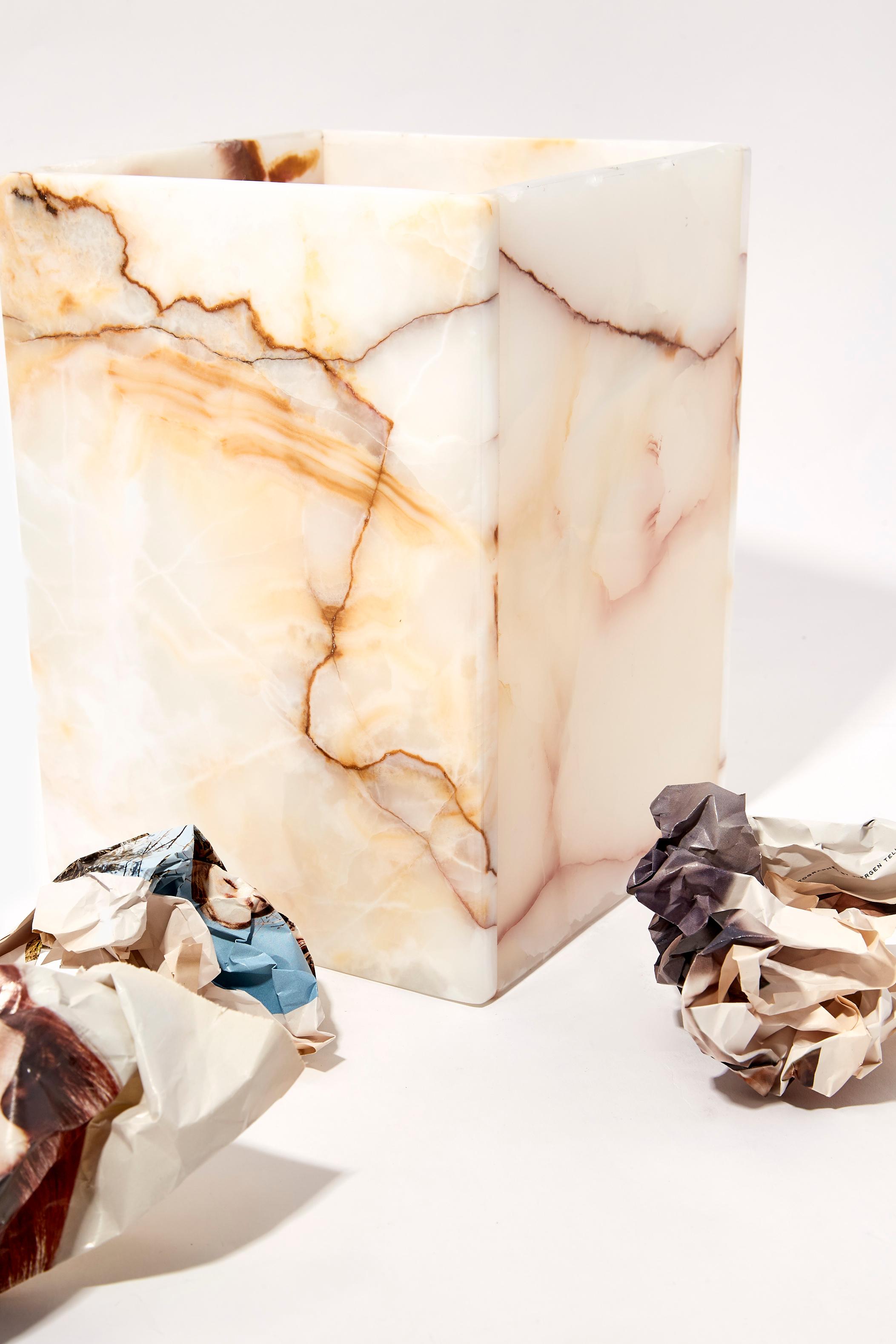 Organic Modern Carolina Paper Bucket, Cream Onyx Stone For Sale