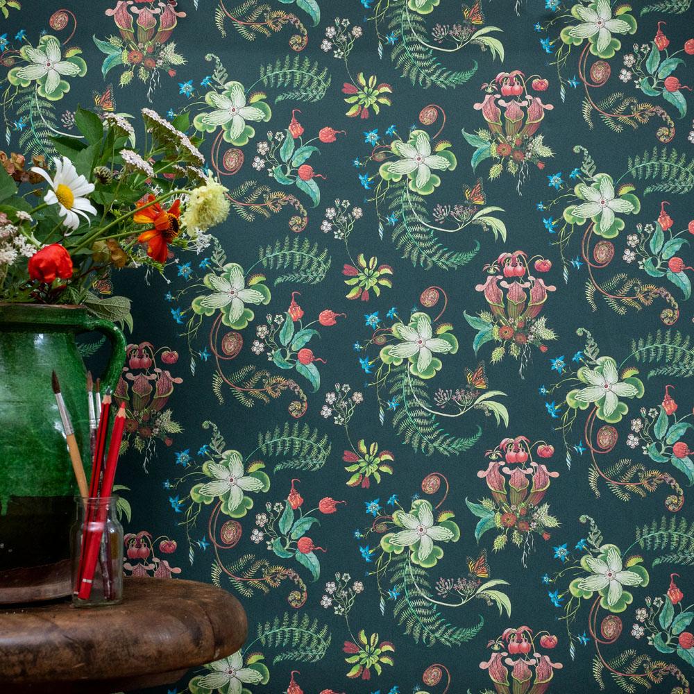 Collection: Carolina Posies
Product code: 26E
Color: Forest
Roll dimensions: 70cm x 10m (27.6in x 10.9yards)
Area: 7sq.m (8.4 sq.yards)
Pattern repeat: 17.5cm (6.9in) Half Drop
Wallpaper: Non-woven 147gsm Uncoated. 
Fire rating: Fire certified for