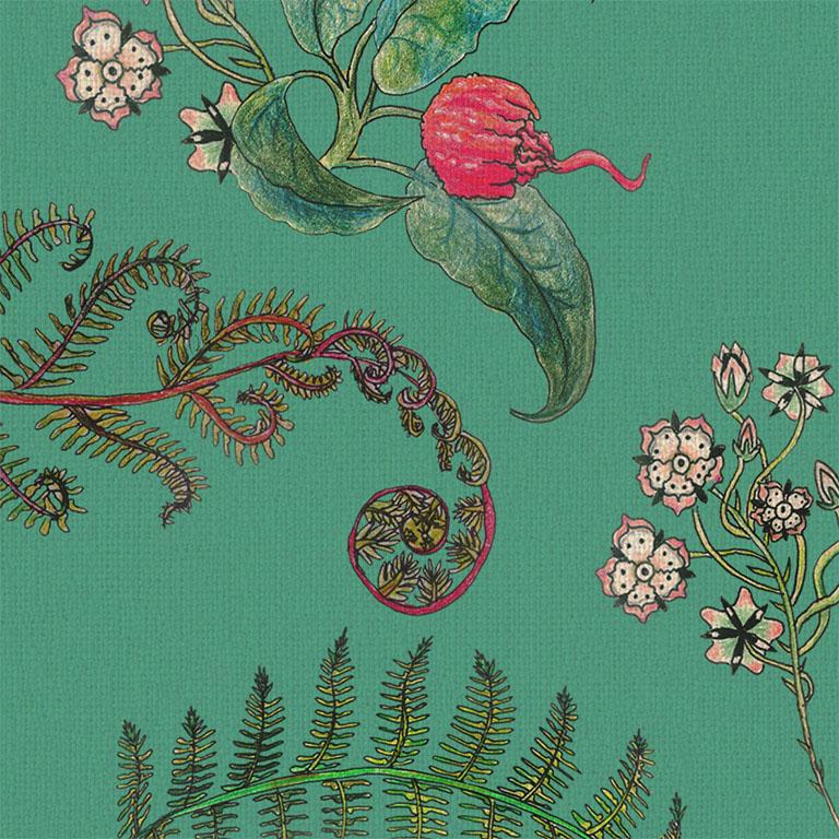 English Carolina Posies in Jade Tropical Botanical Wallpaper For Sale