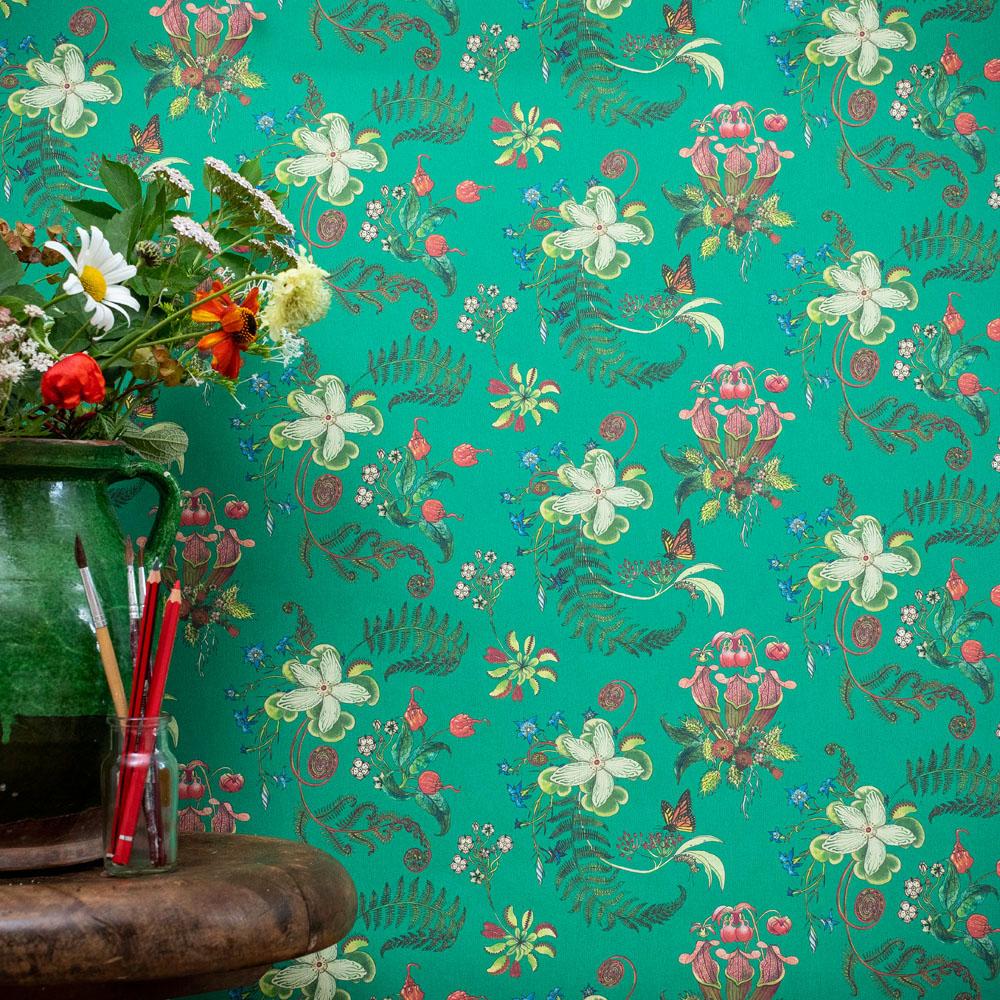 Collection: Carolina Posies
Product Code: 26F
Color: Jade
Roll dimensions: 70cm x 10m (27.6in x 10.9yards)
Area: 7sq.m (8.4 sq.yards)
Pattern repeat: 17.5cm (6.9in) Half Drop
Wallpaper: Non-woven 147gsm Uncoated. 
Fire rating: Fire certified for