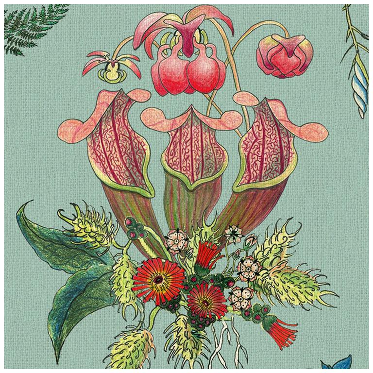 Carolina Posies in Verdigris Botanical Tropical Wallpaper For Sale