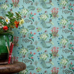 Carolina Posies in Verdigris Botanical Tropical Wallpaper
