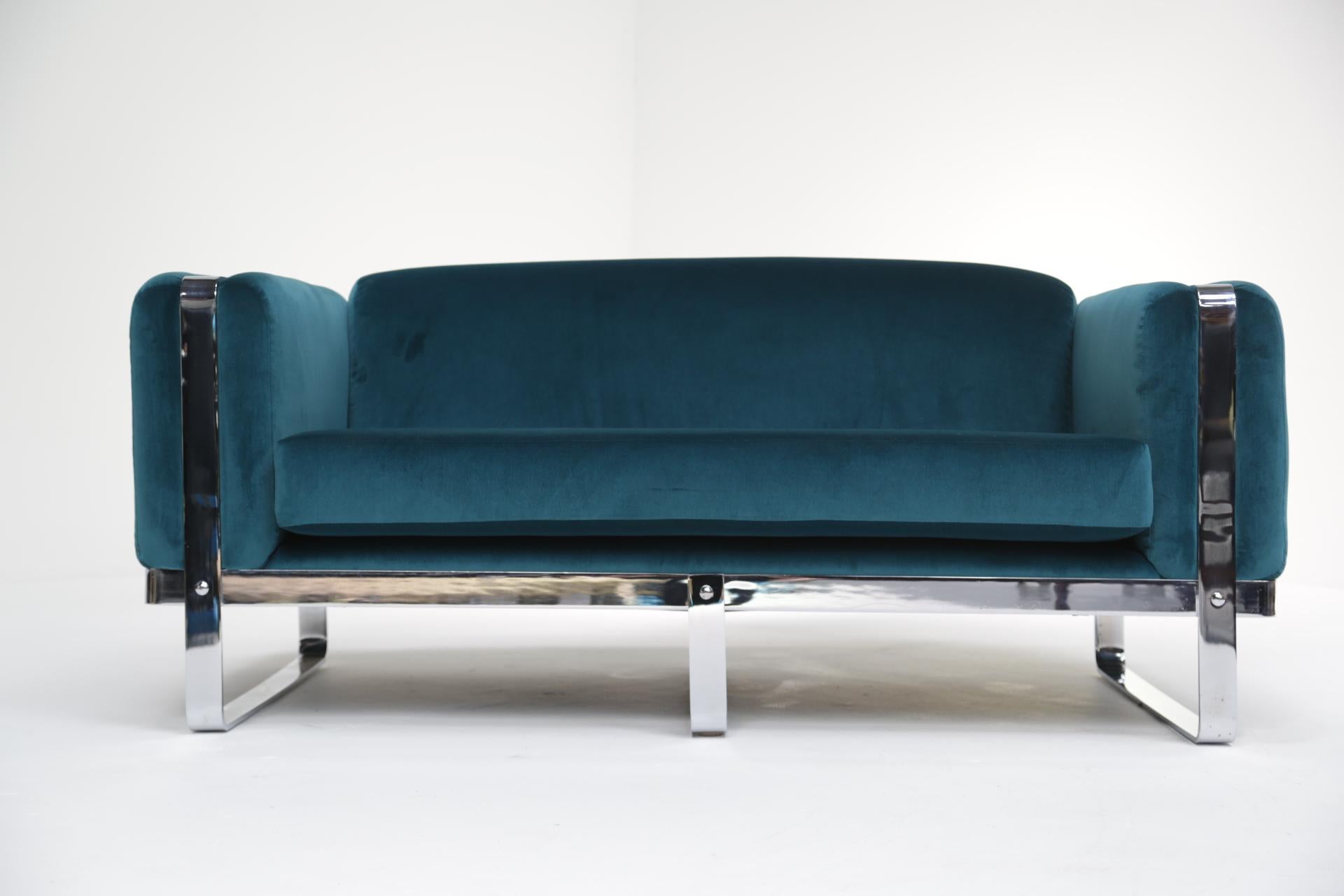 Plated Carolina Seating Company mid-century chrome loveseat sofa in teal velvet. For Sale
