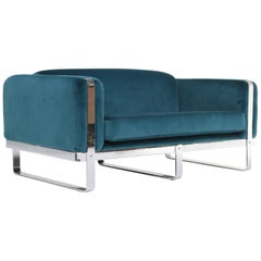 Vintage Carolina Seating Company mid-century chrome loveseat sofa in teal velvet.