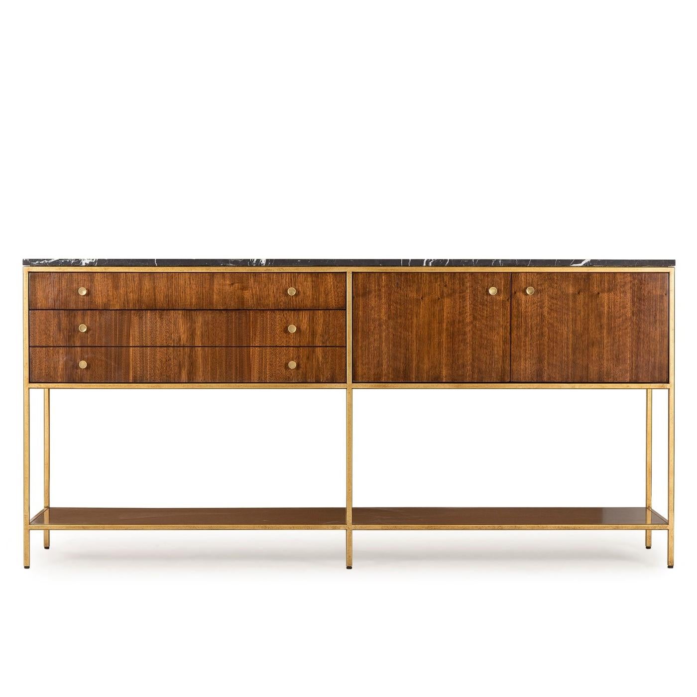 Sideboard Carolina with structure in metal in brass
finish with solid oak and walnut structure. With black
marquina marble top. Sideboard including 3 drawers
and two doors.