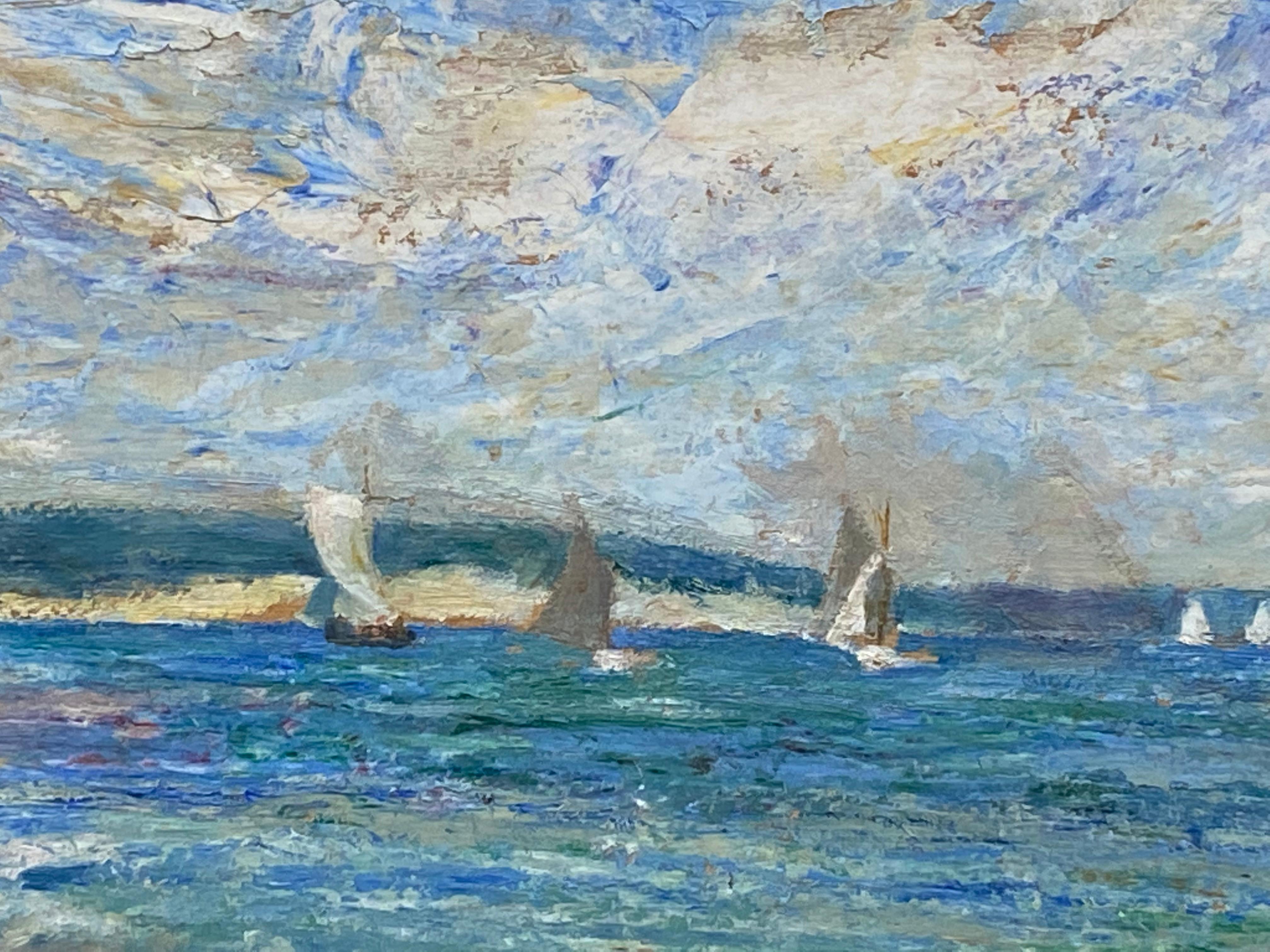 Maravillosas pinturas al óleo de doble cara sobre tablero de fibra pesada realizadas por la conocida artista de North Fork Peconic Bay Caroline Bell.  El cuadro de navegación costera está firmado abajo a la izquierda. El verso del cuadro del pajar