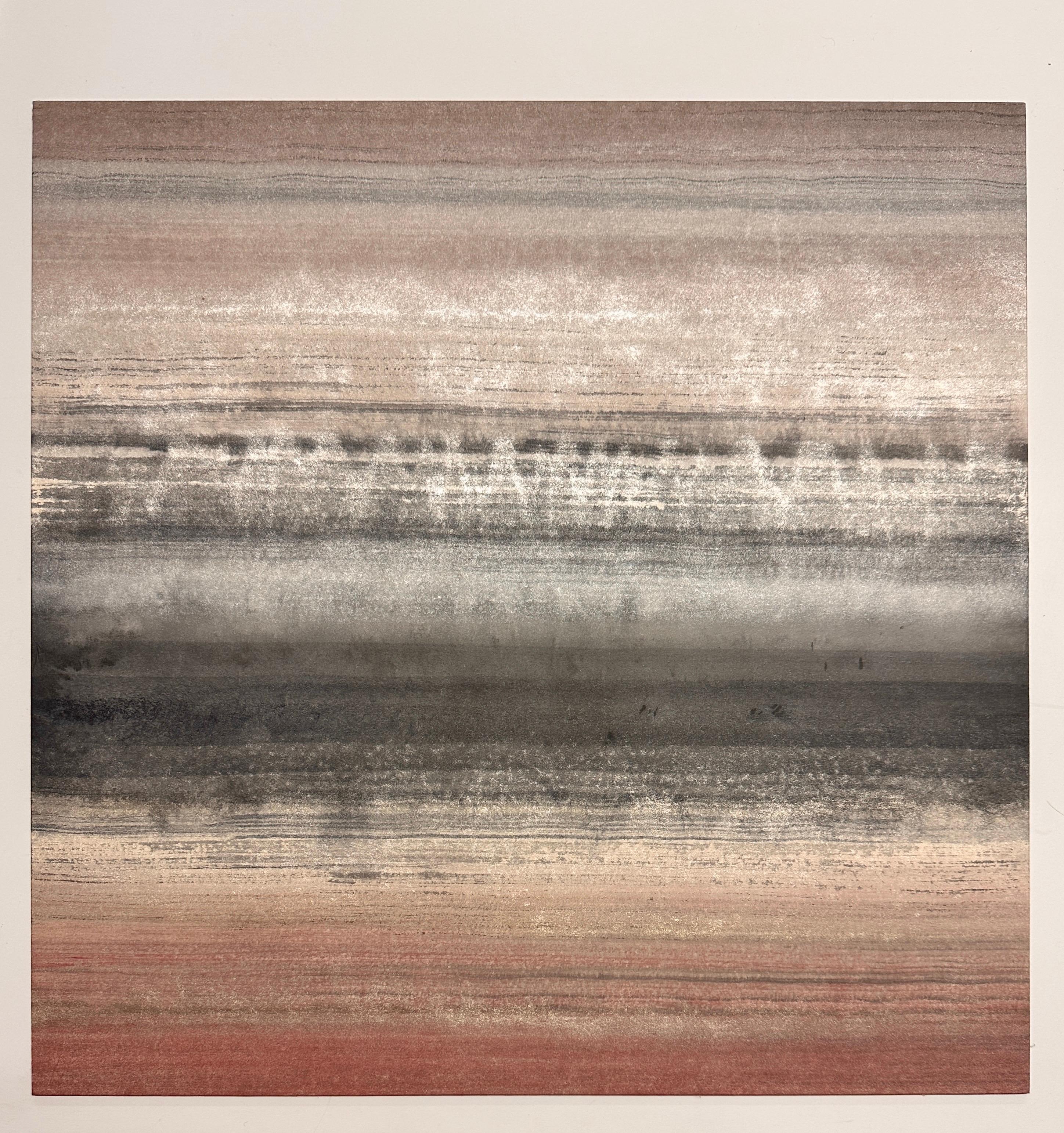 Douceur de rubis - abstract grey pink red painting using crushed minerals - Painting by Caroline Besse