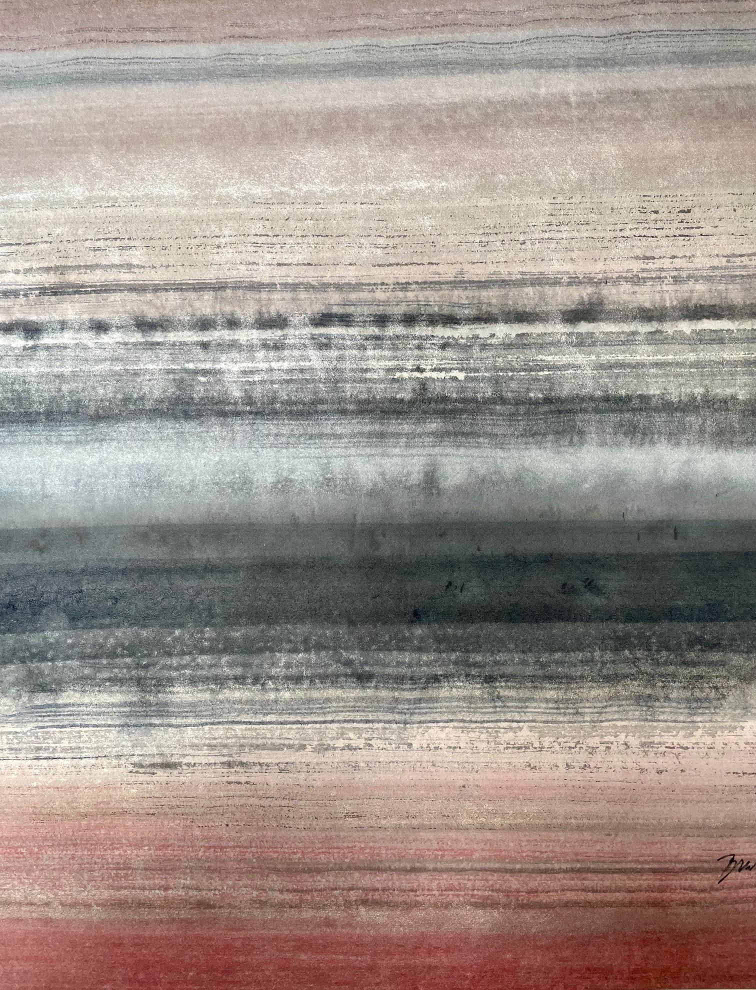 Douceur de rubis - abstract grey pink red painting using crushed minerals For Sale 2