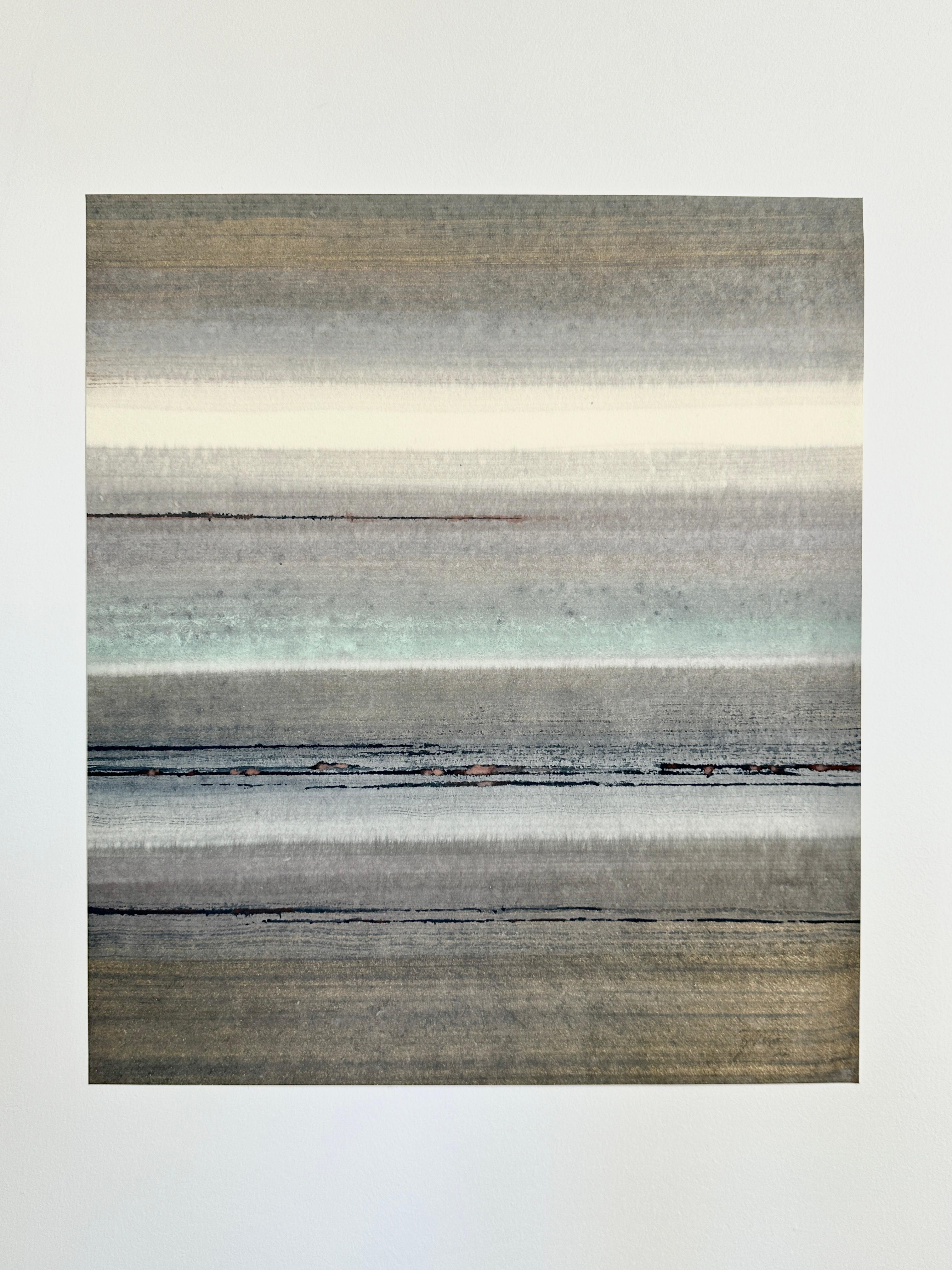 Sospensione indaco - pittura astratta blu grigio marrone con minerali frantumati - Painting di Caroline Besse