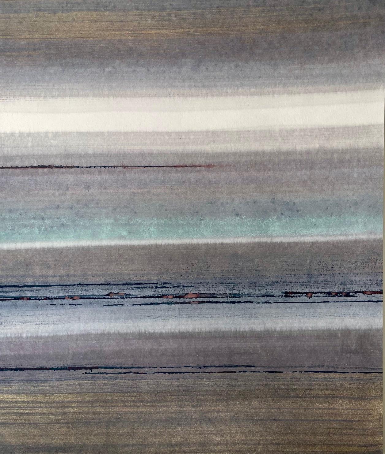 Abstract Painting di Caroline Besse - Sospensione indaco - pittura astratta blu grigio marrone con minerali frantumati
