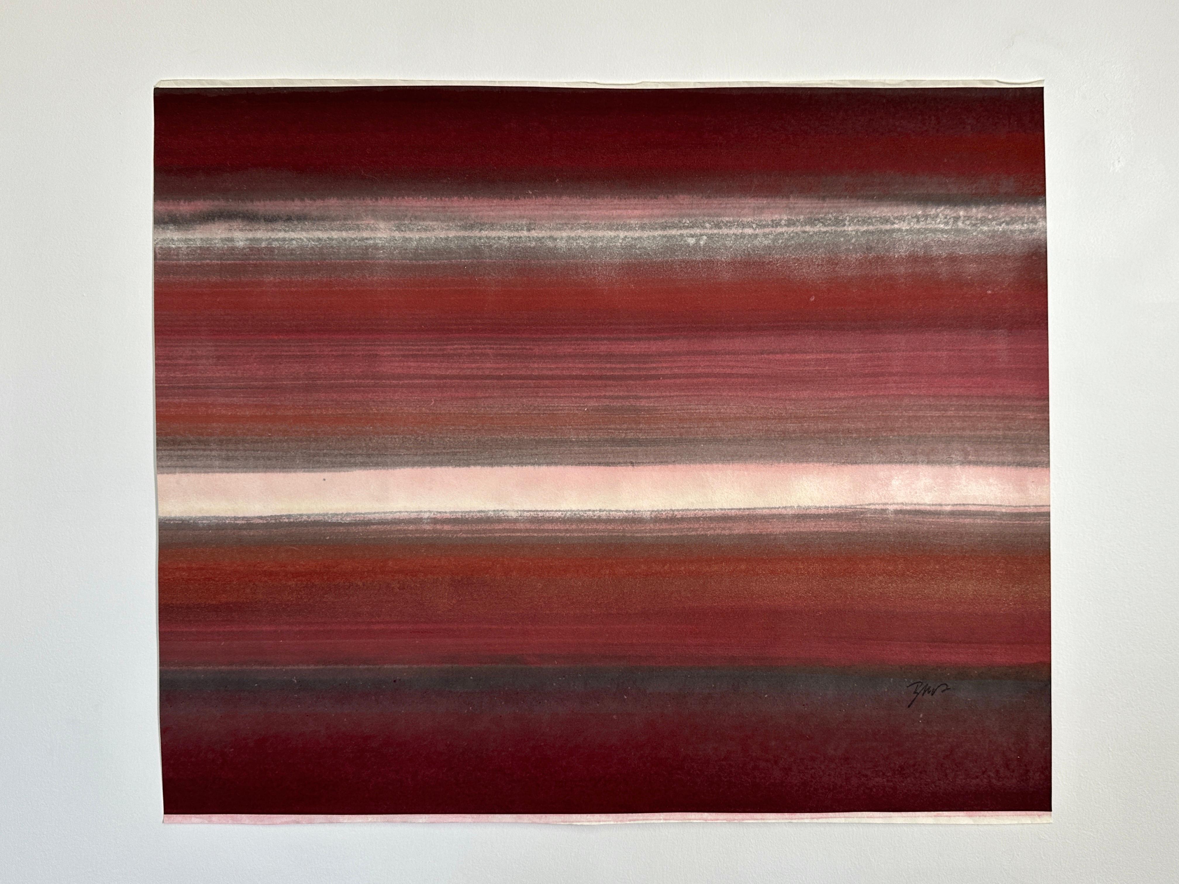 Red Encounter - abstract painting red dominant color using crushed minerals - Painting by Caroline Besse