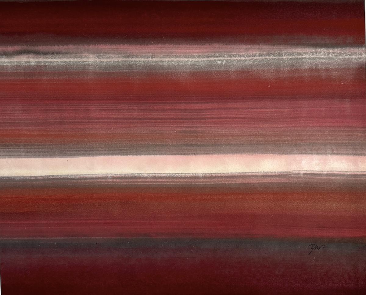 Red Encounter - dipinto astratto di colore dominante rosso con minerali frantumati