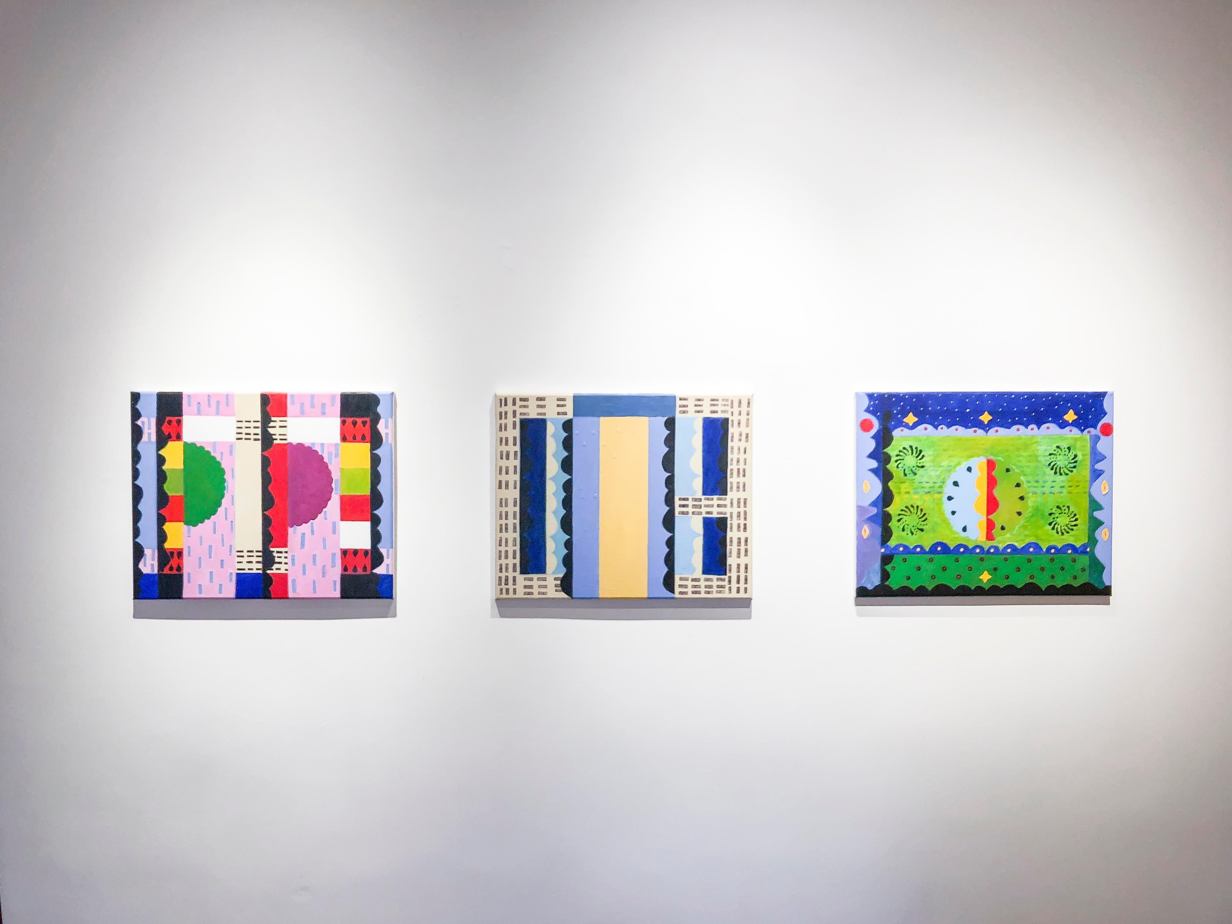 Beach Bazaar, abstract geometric pattern, blue and yellow painting - Painting by Caroline Blum