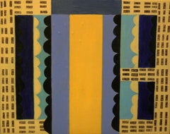 Beach Bazaar, abstract geometric pattern, blue and yellow painting