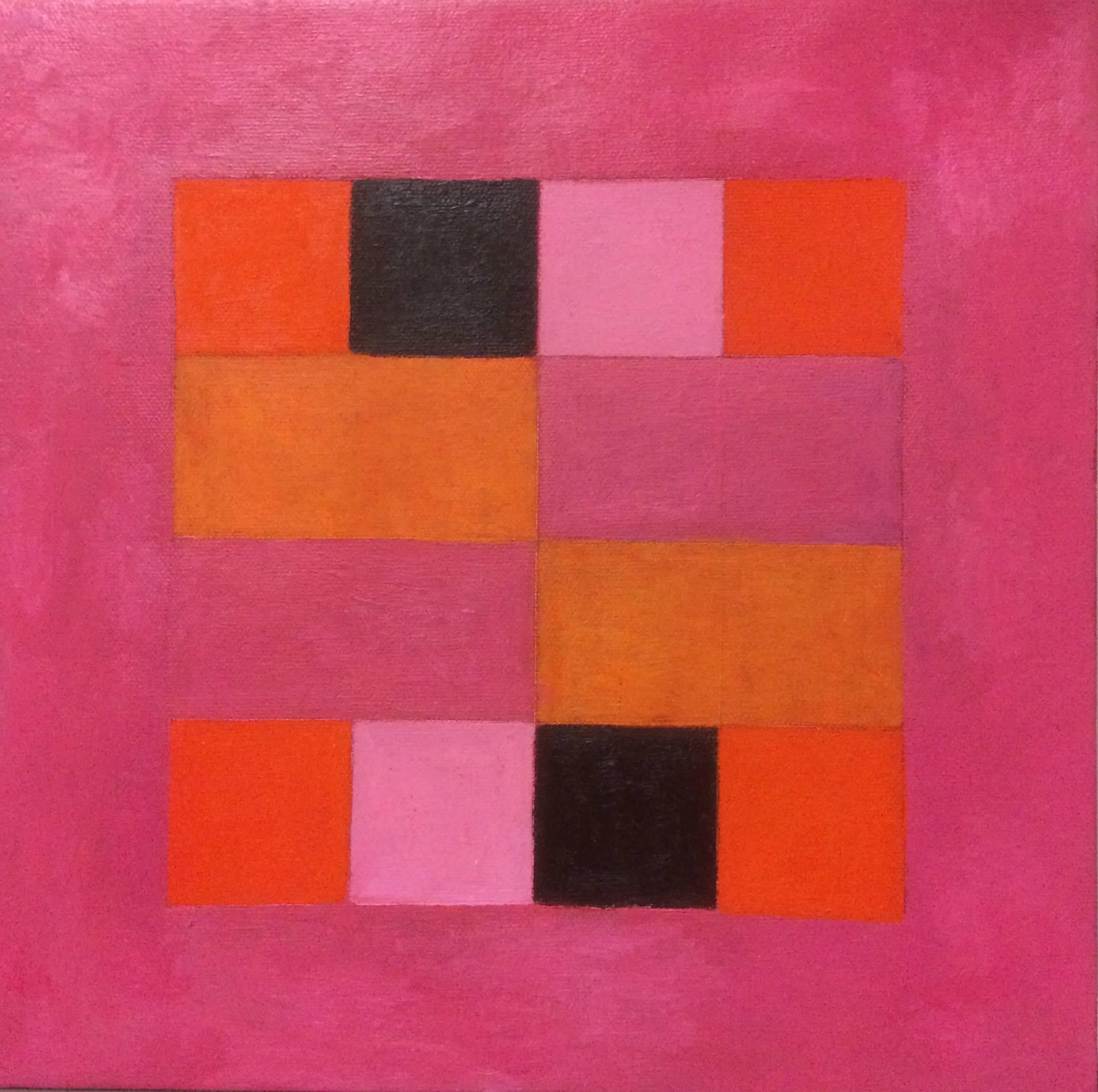 Caroline Blum Abstract Painting - Pink Funk, oil and acrylic on canvas, 12 x 12 inches. Geometric display 