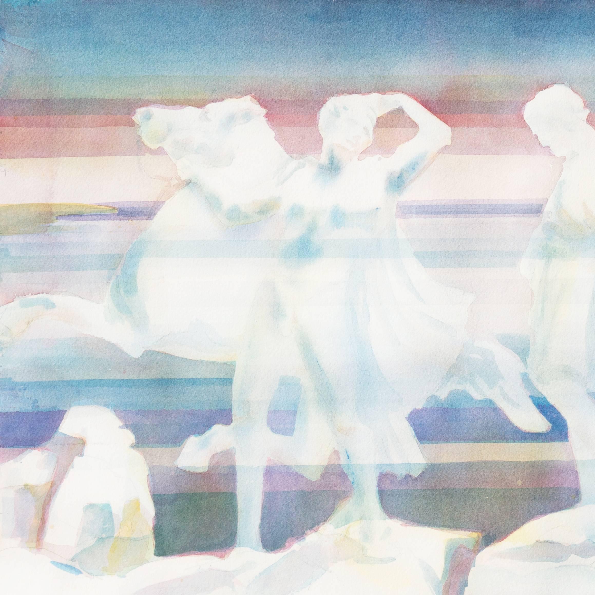 Signed lower right and dated 1982. 

An elegant figural watercolor showing a view of figures in classical greek dress contrasted against a striated polychrome background.

This signature member of the Northwest Watercolor Society has also served as