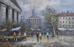 Capriccio Parisien, Très grande huile sur toile du milieu du 20e siècle, Vue de Paris