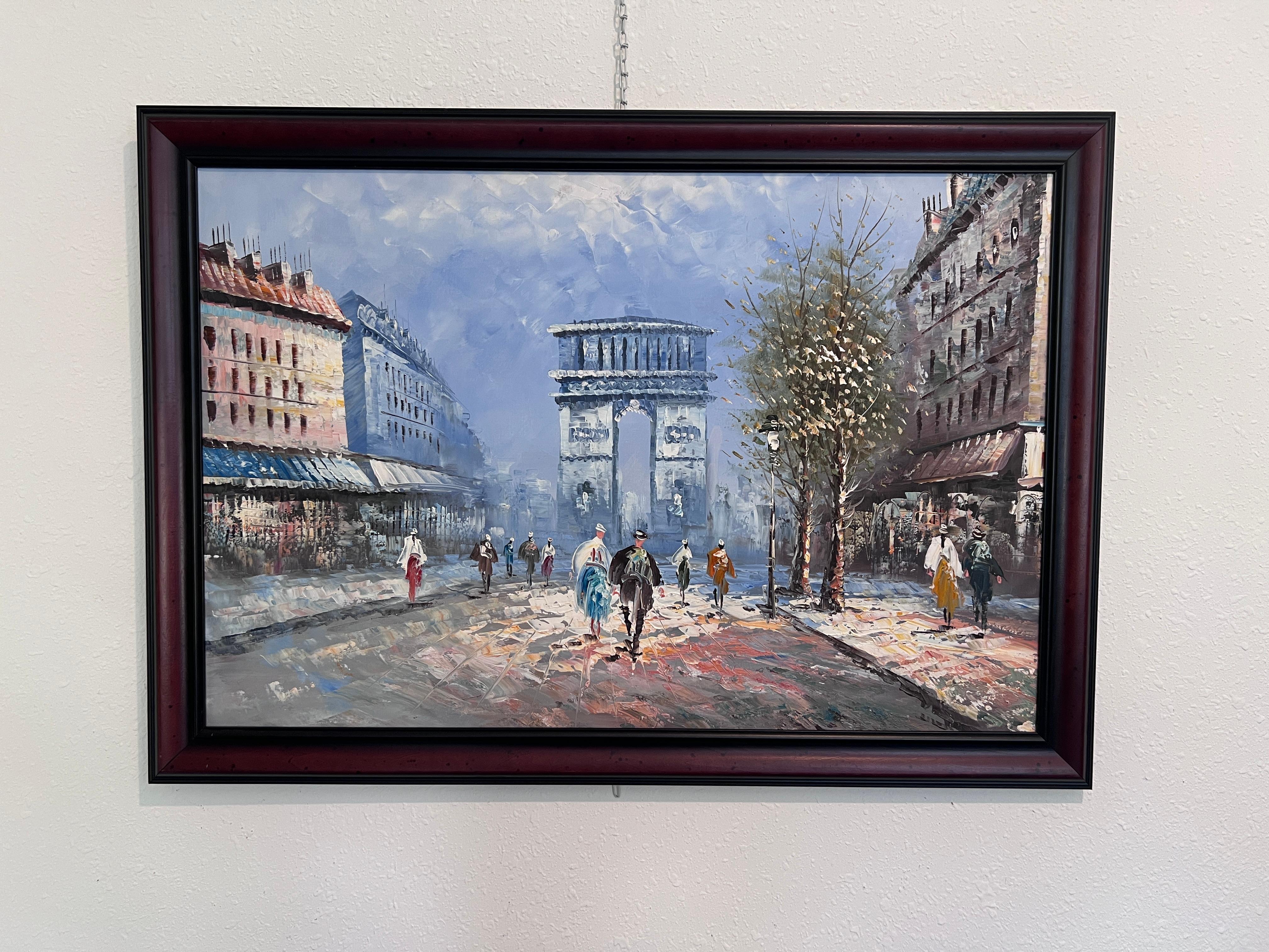 Caroline Burnett Large Paris Street Scene Oil Painting Triumphal Arch, Framed 1
