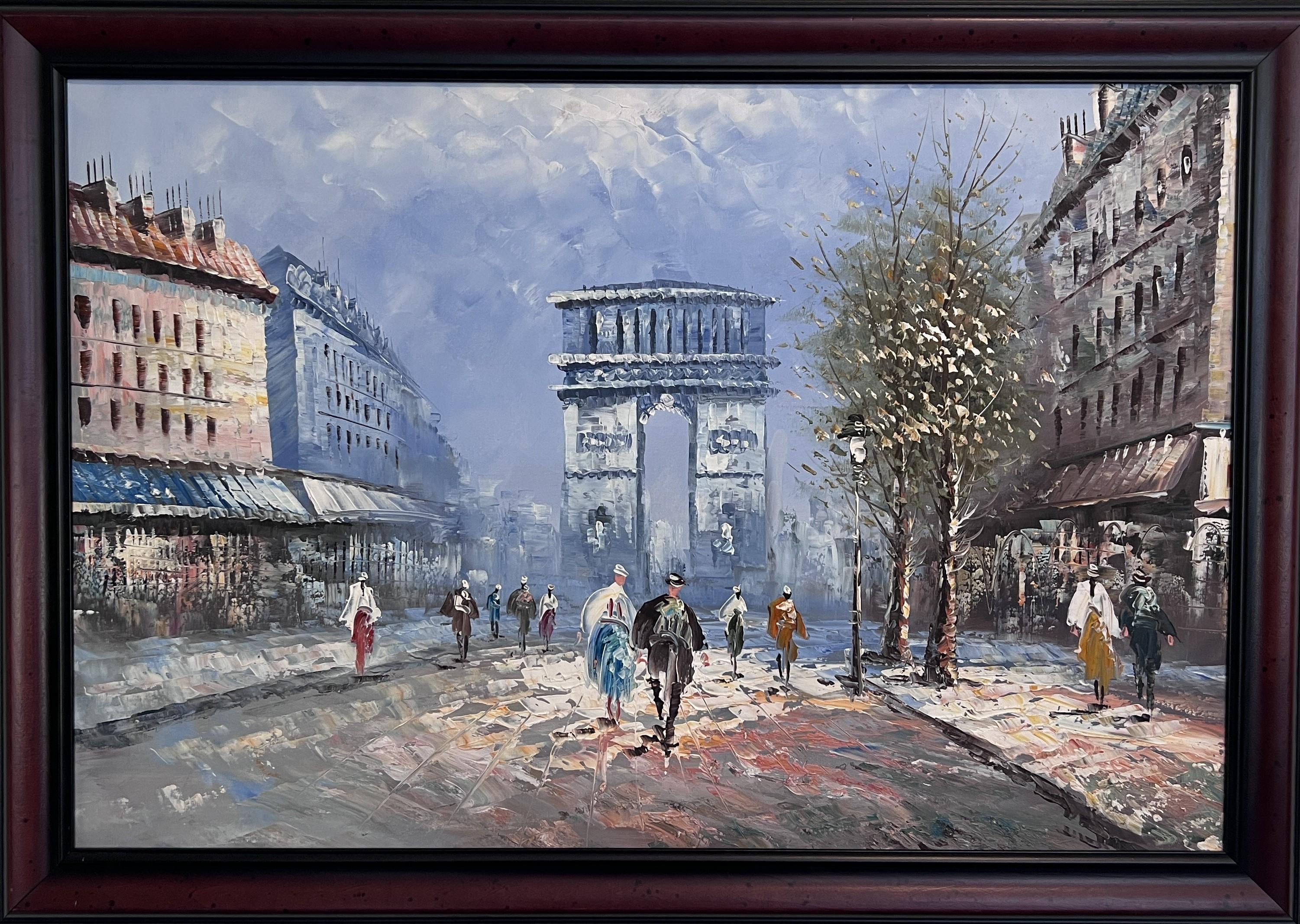 This large oil painting on canvas beautifully captures a lively Parisian boulevard scene centered around the Arc de Triomphe. Executed in rich impasto using a palette knife, the artwork features pedestrians in period dress, elegant architecture, and