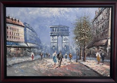 Caroline Burnett Large Paris Street Scene Oil Painting Triumphal Arch, Framed