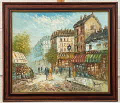 Impressionist Oil Painting of Paris with Figures & Shops by American Artist