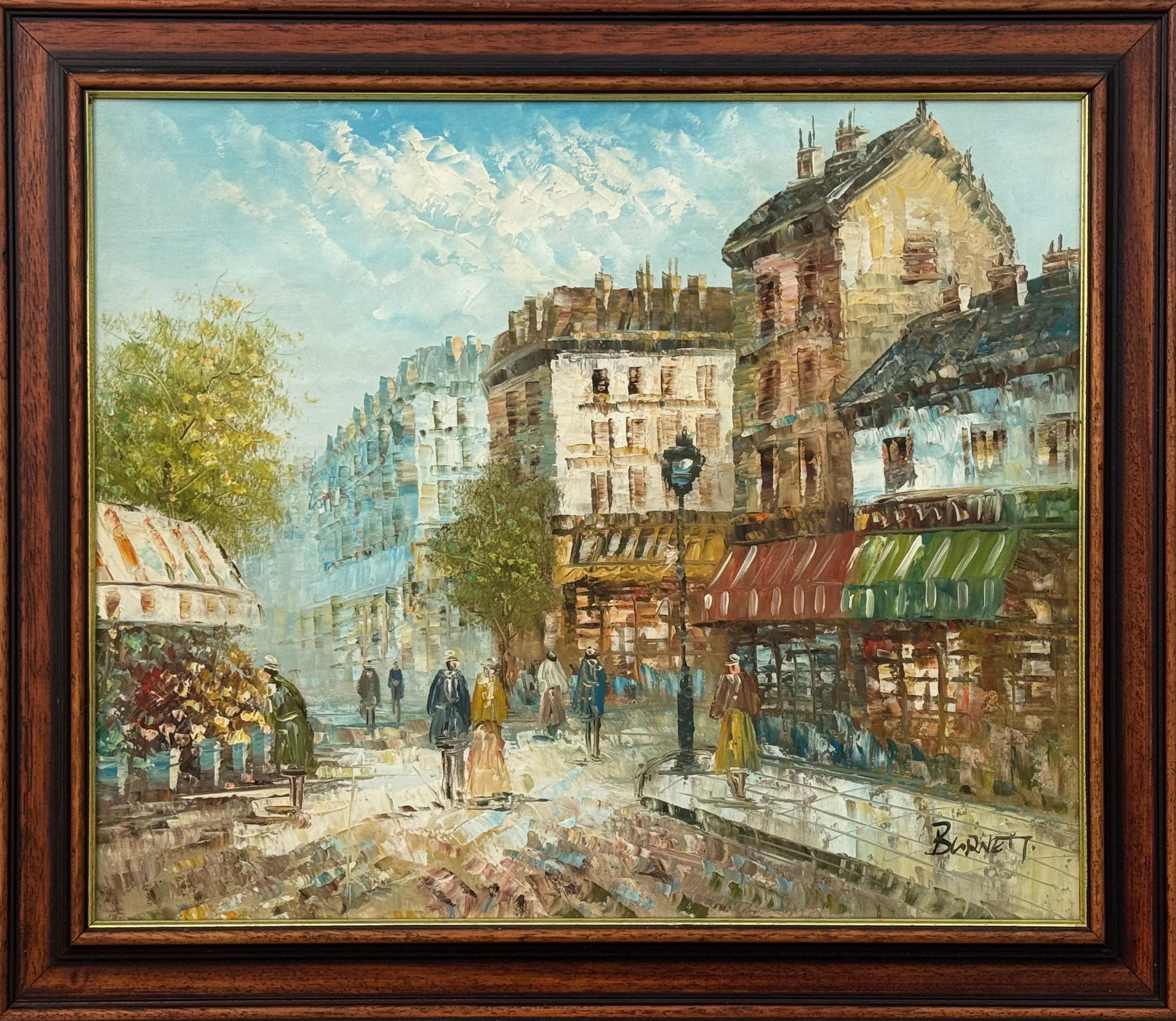 Impressionist Oil Painting of Paris with Figures & Shops by American Artist
