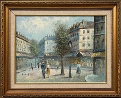 Impressionist Oil Painting of Paris with Figures & Shops by American Artist