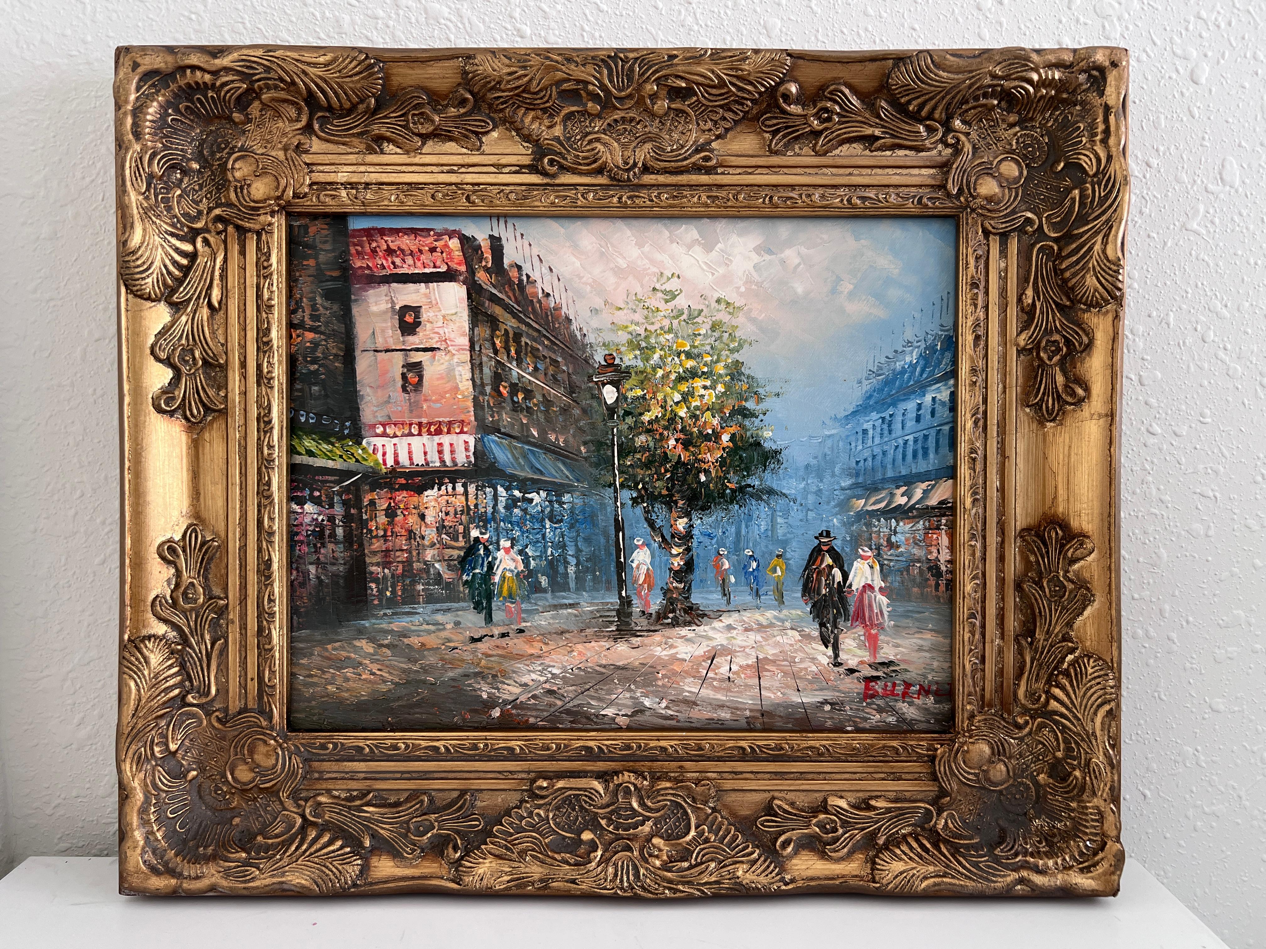 Artistics C.C. Burnett peinture à l'huile sur toile Vue de la rue de Paris Cadre en or - Painting de Caroline Burnett