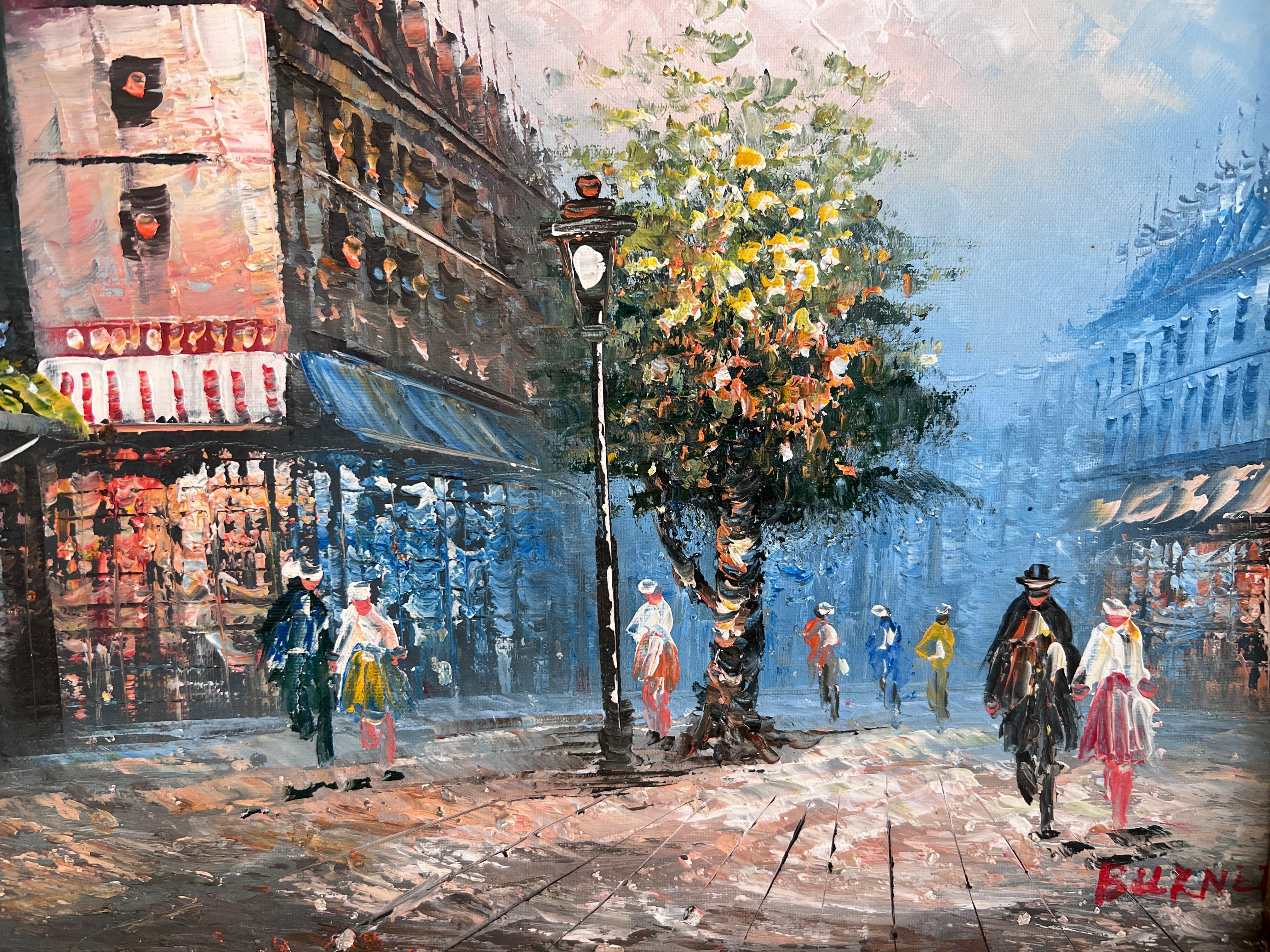 Artistics C.C. Burnett peinture à l'huile sur toile Vue de la rue de Paris Cadre en or - Impressionnisme Painting par Caroline Burnett