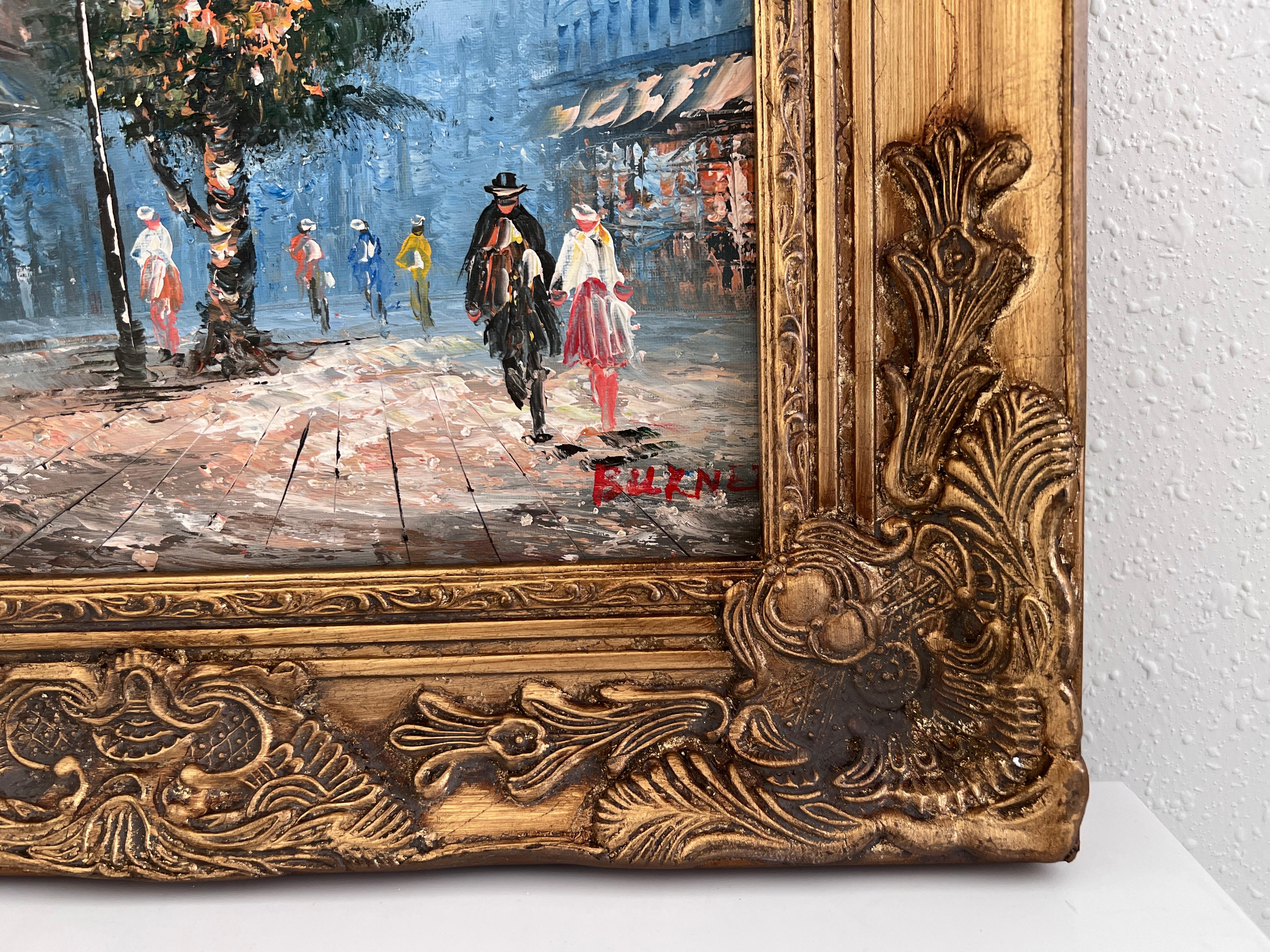 Artistics C.C. Burnett peinture à l'huile sur toile Vue de la rue de Paris Cadre en or en vente 2