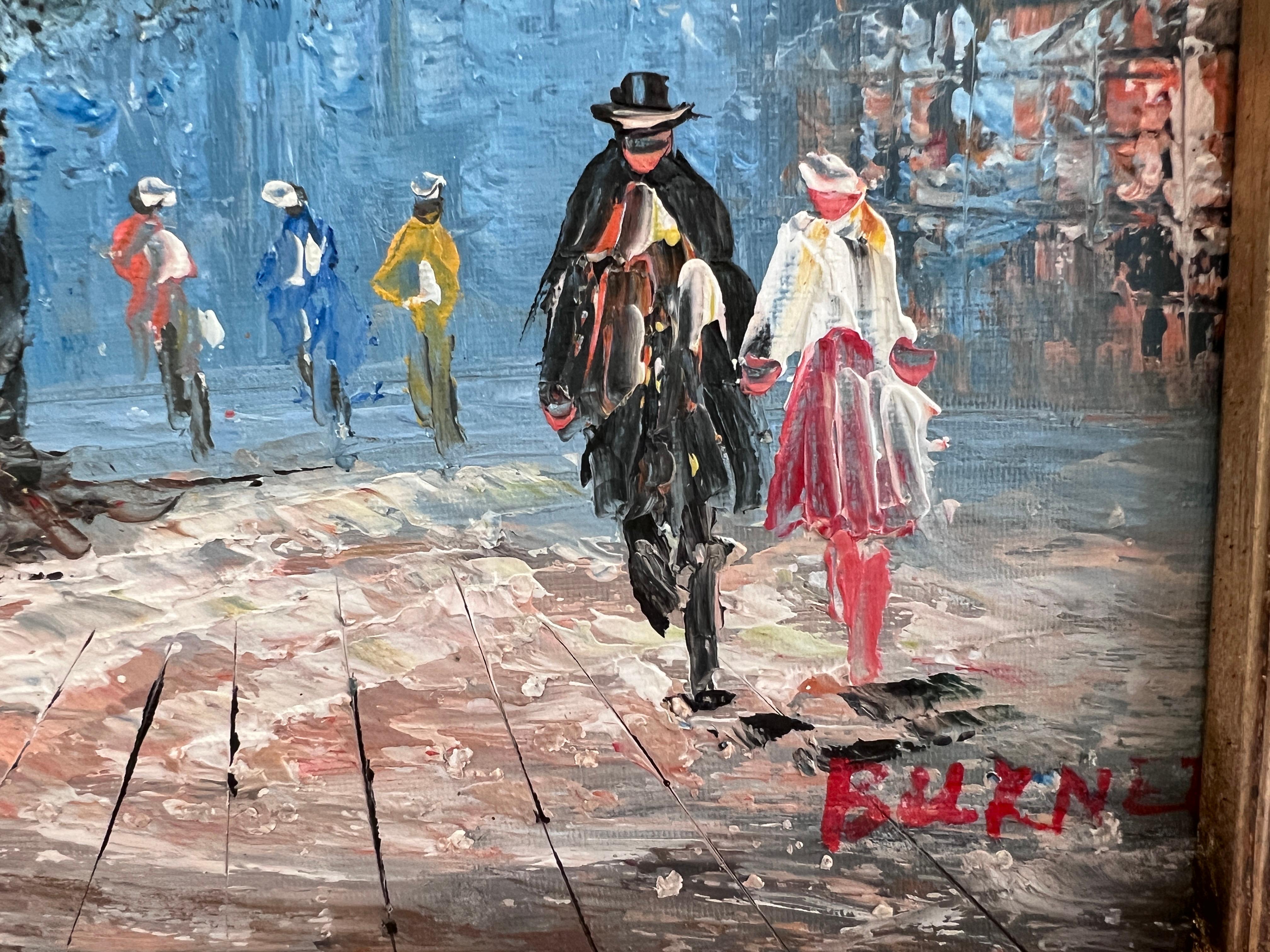 Artistics C.C. Burnett peinture à l'huile sur toile Vue de la rue de Paris Cadre en or en vente 3