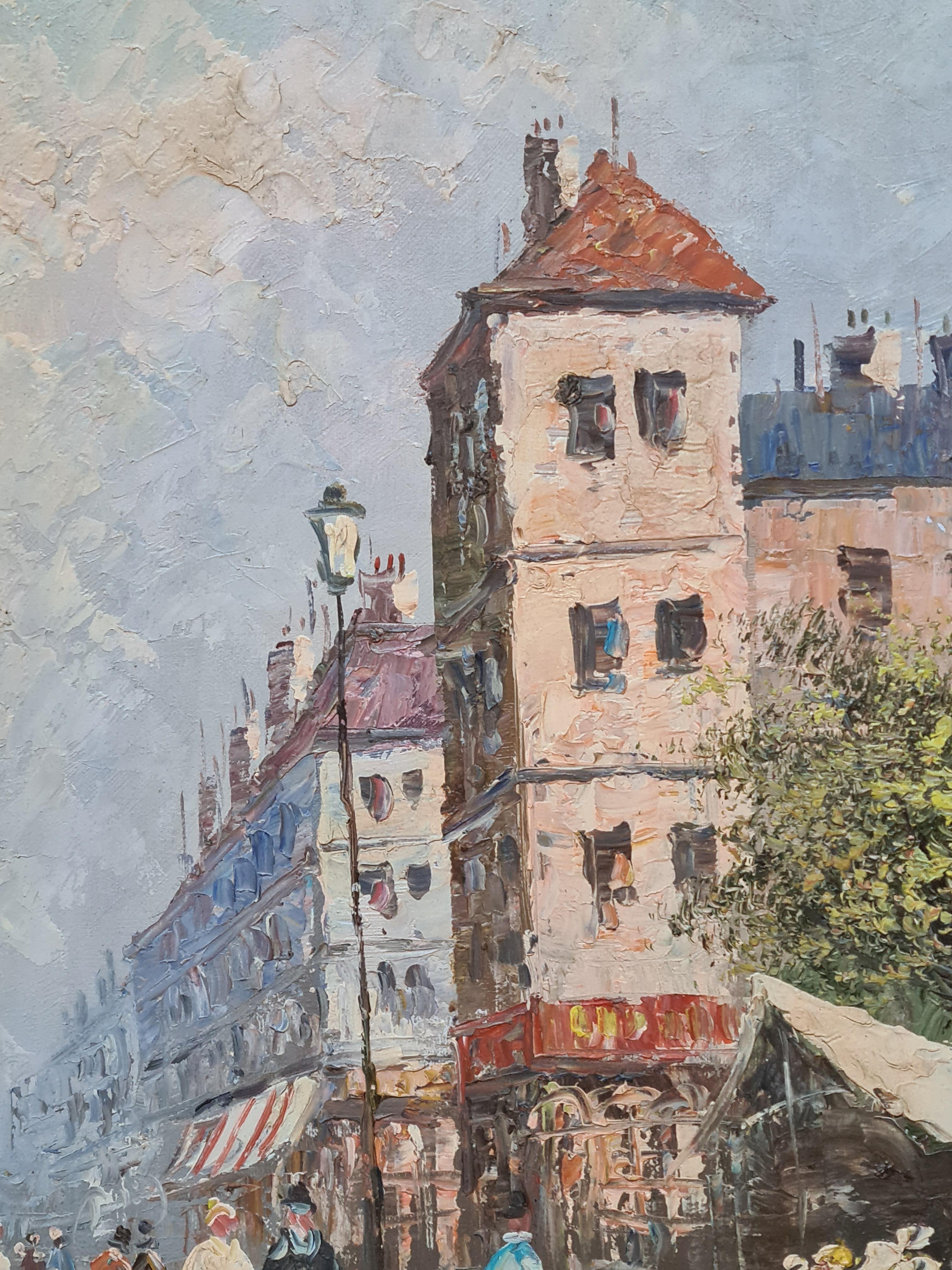 Vista callejera de París de mediados del siglo XX, óleo sobre lienzo de la artista estadounidense Caroline Burnett. Firmado abajo a la izquierda. 

Con su estilo característico, Burnett ha creado un cuadro de una escena callejera parisina, los