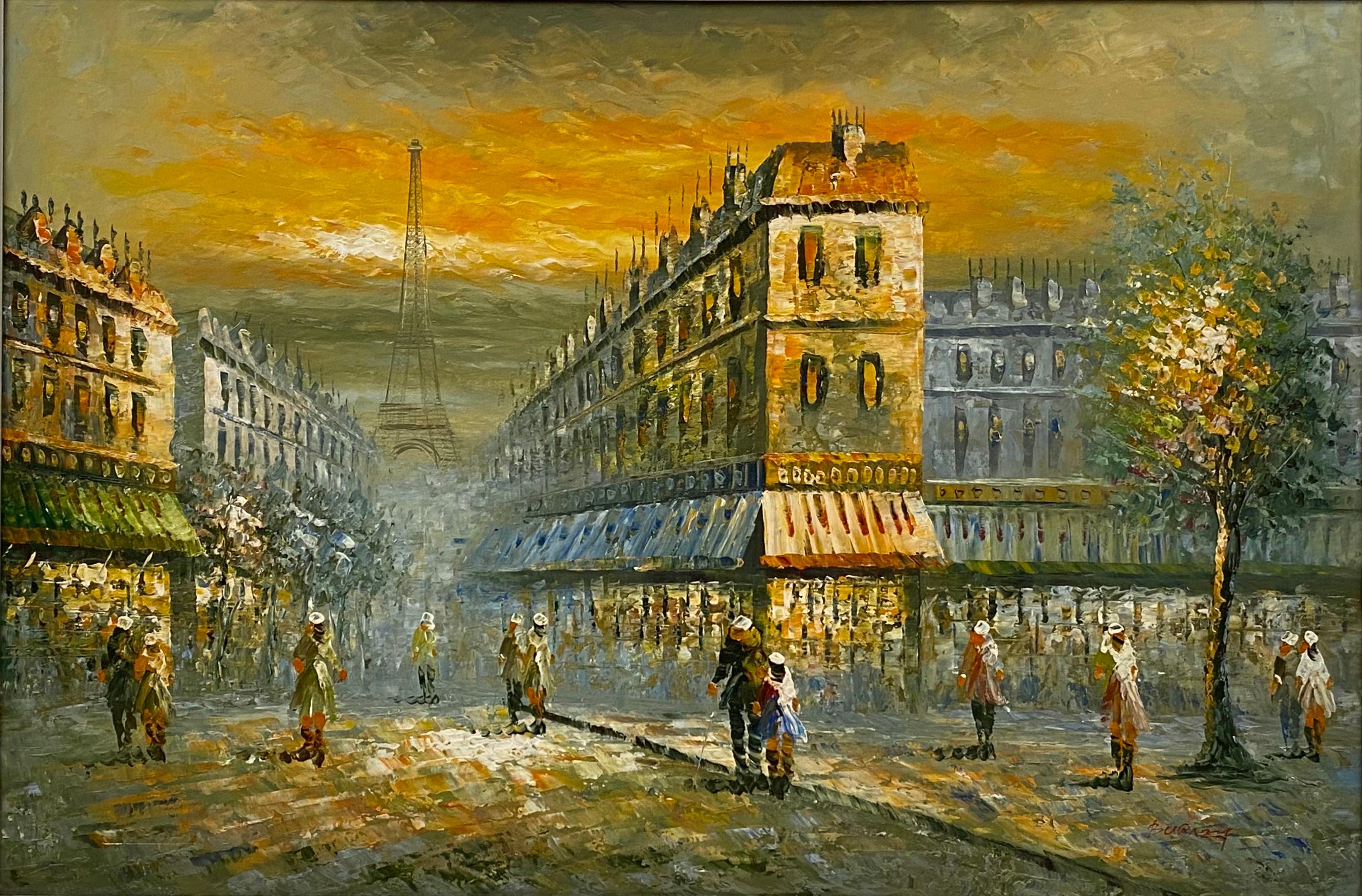 A beautiful view of a street scene in Paris, France. This painting perfectly depicts life in Paris with its restaurants, busy streets, cafes, hotels, monuments, and wonderful architecture. The location is near the Eiffel Tower.
Signed.
Attributed to
