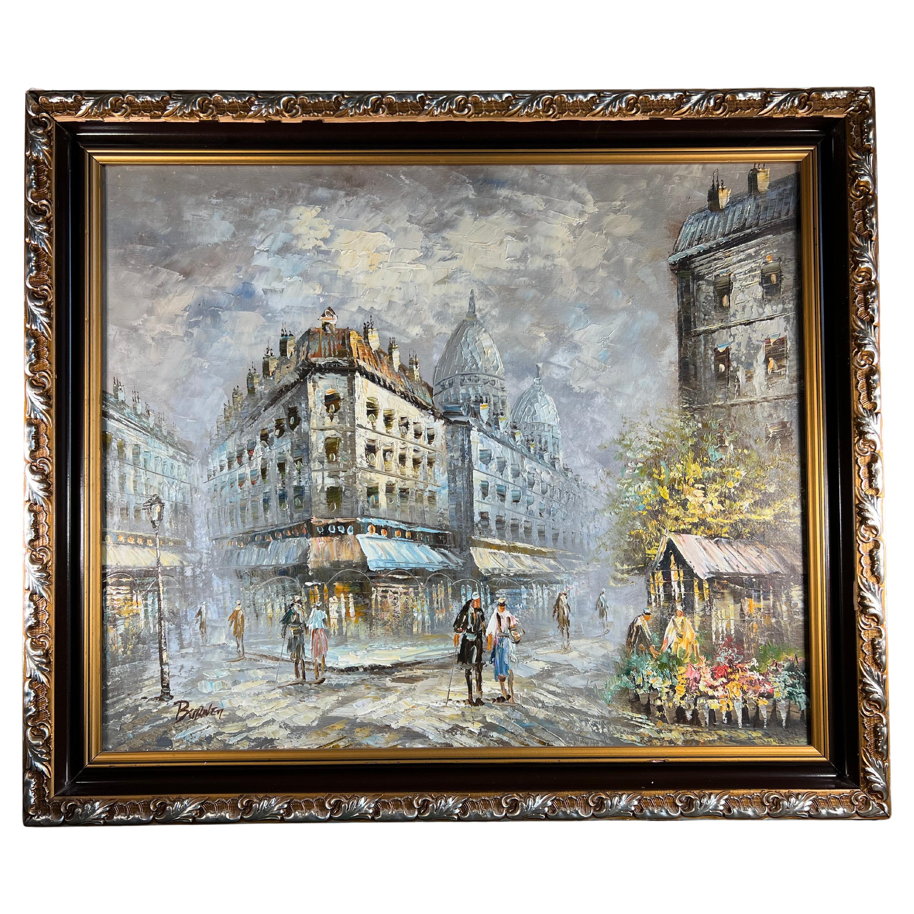Pintura de Caroline Burnett: Escena callejera parisina con Montmartre Sacré-Coeur