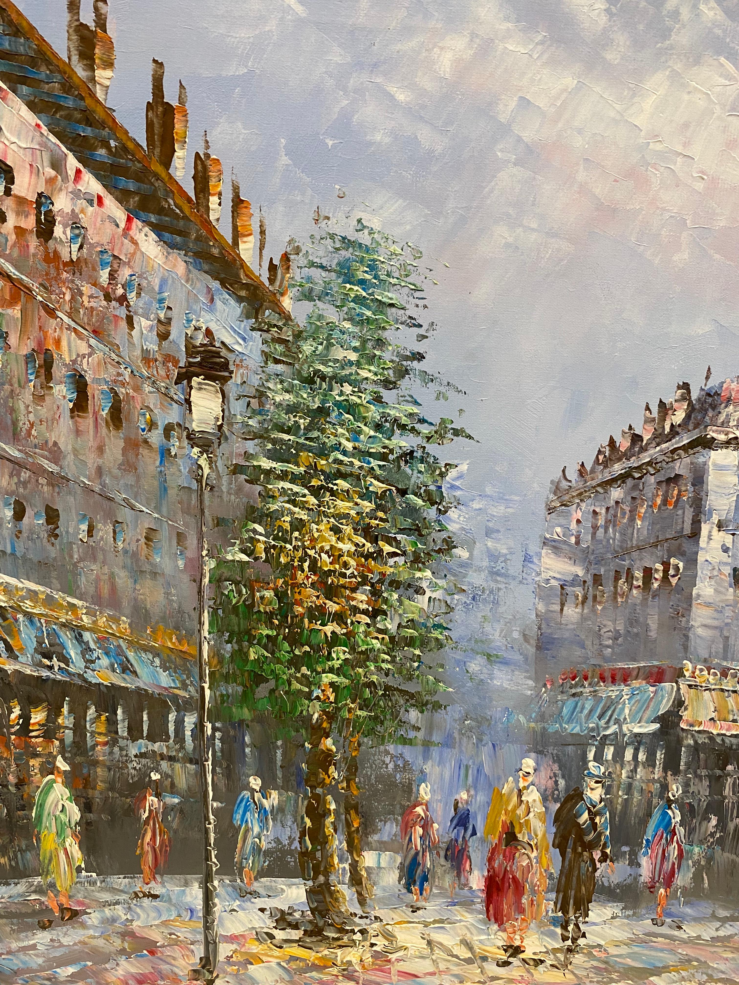 Français Peinture à l'huile sur toile - Scène de rue de Paris, France, signée Burnett en vente